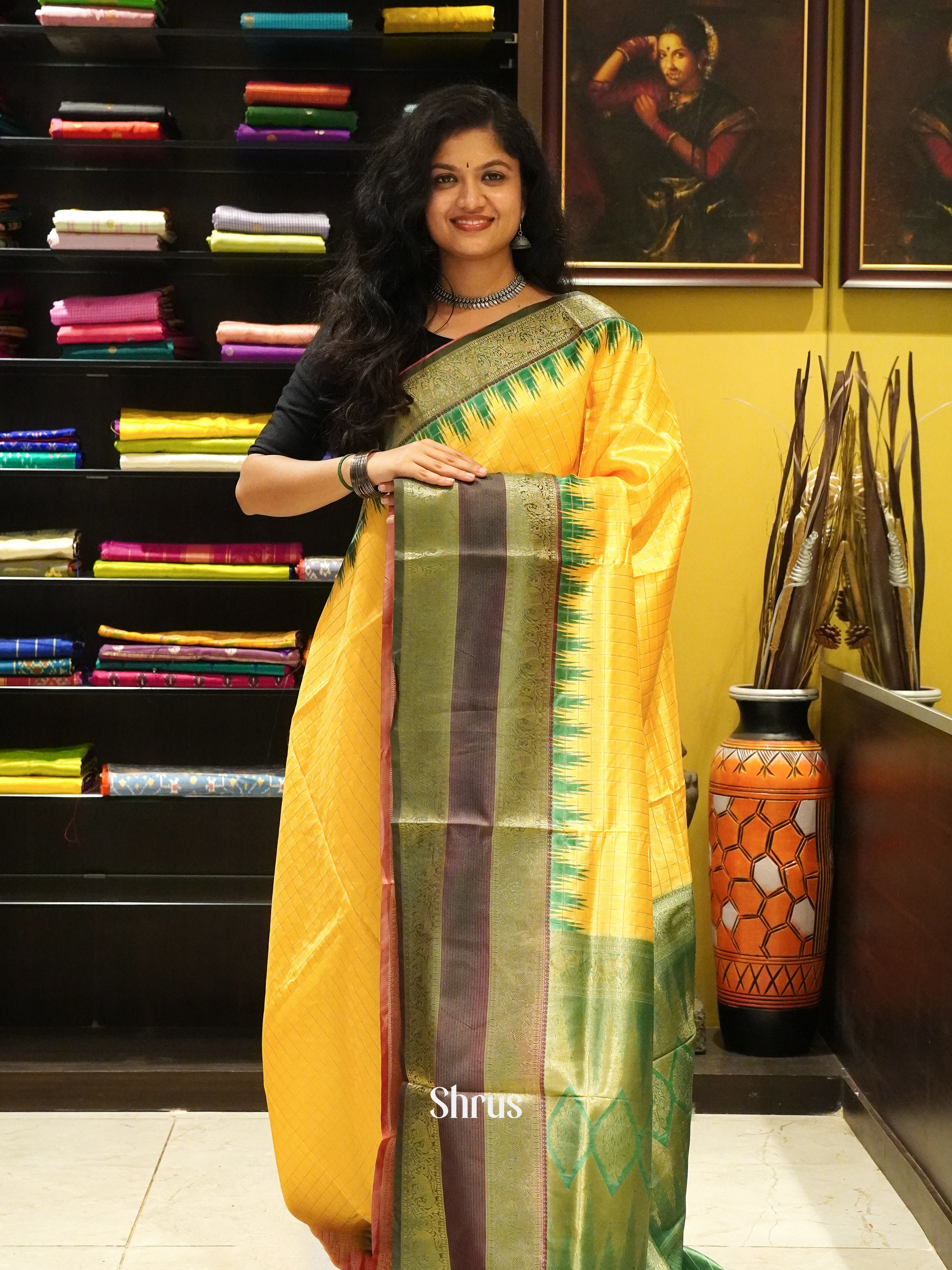 Yellow & Green- Semi Dupion Saree