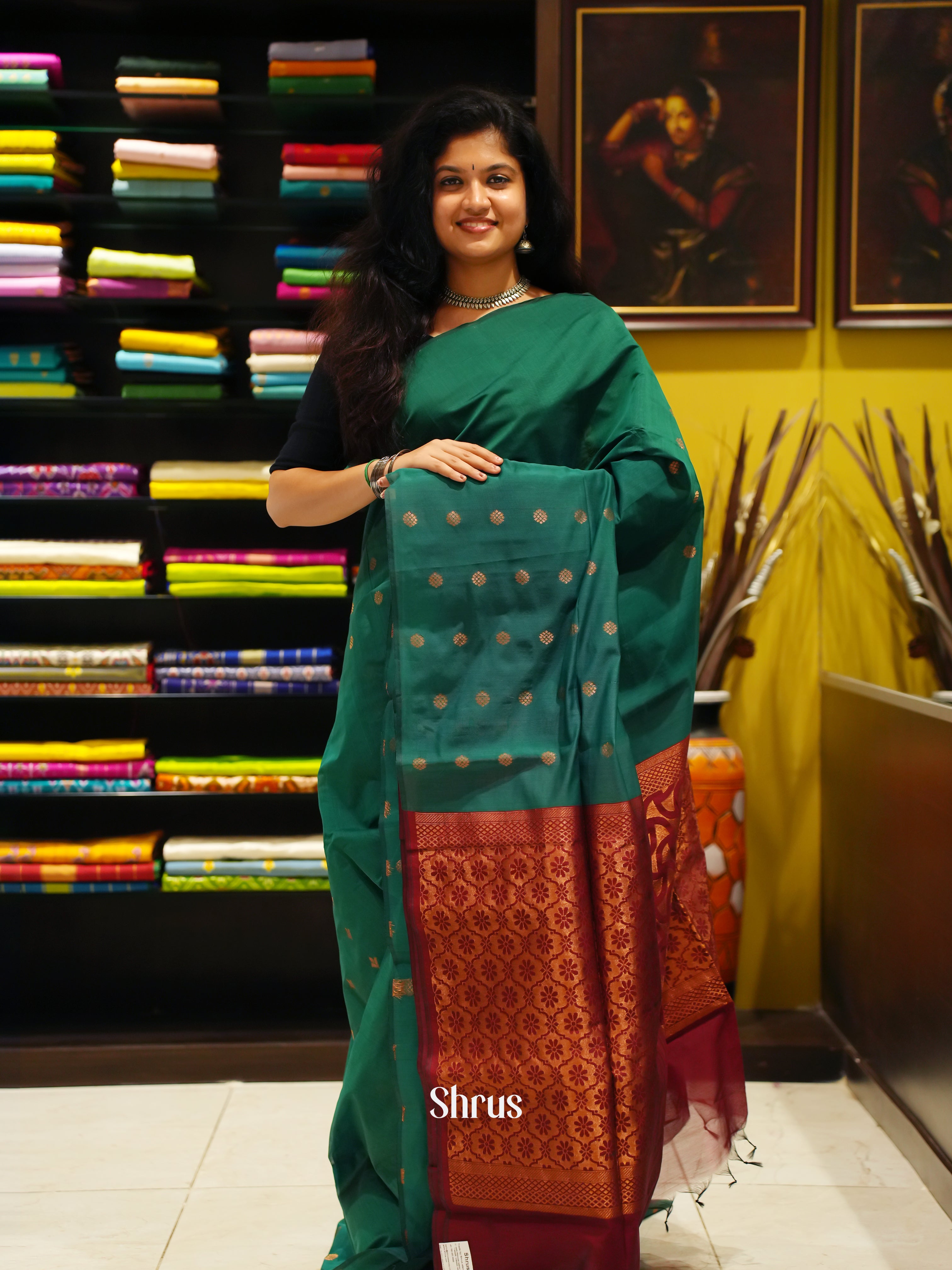 Green And Arraku Maroon- Semi Silk Cotton Saree