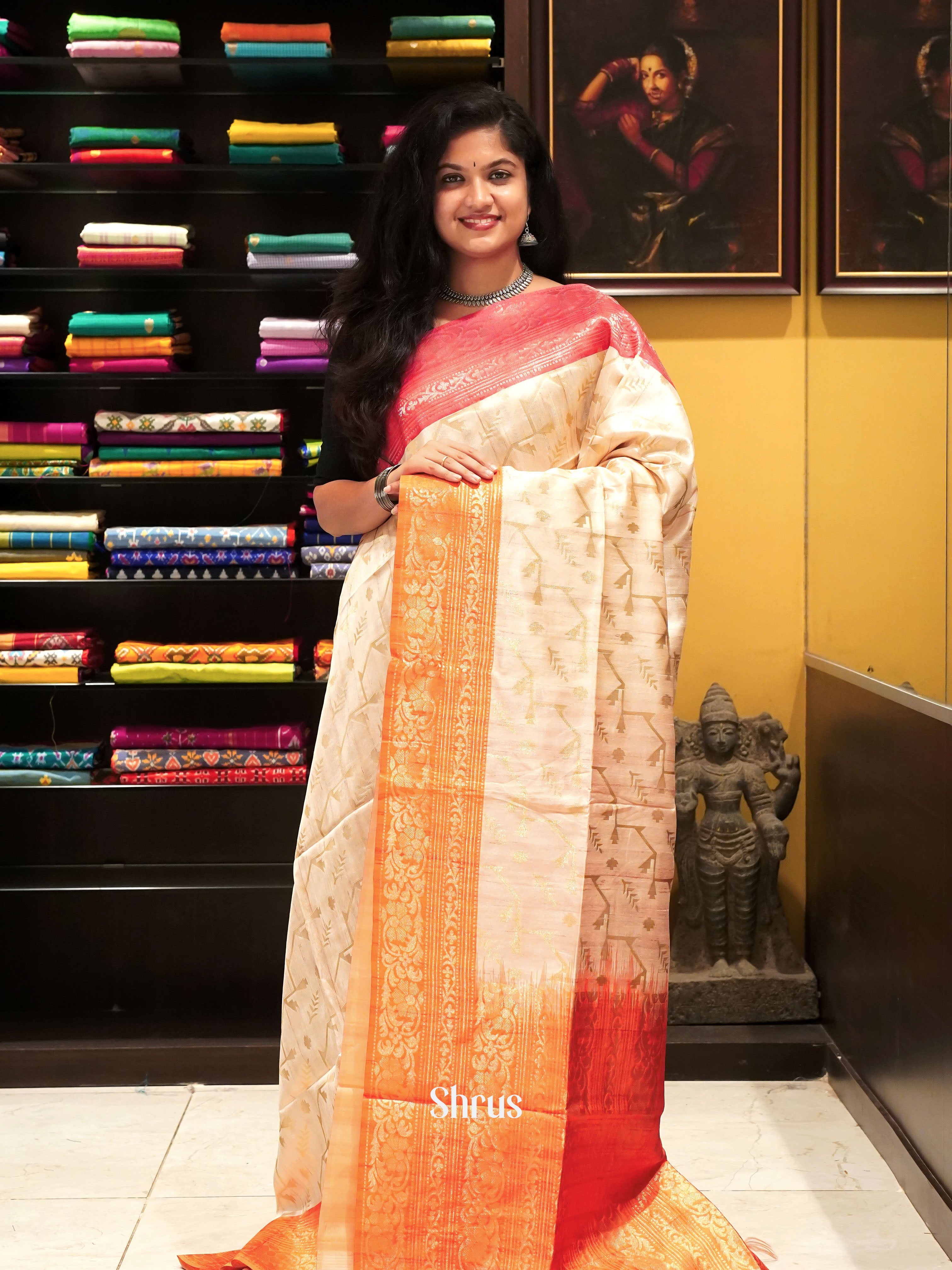 Cream Orange And Pink- Semi Raw Silk Saree