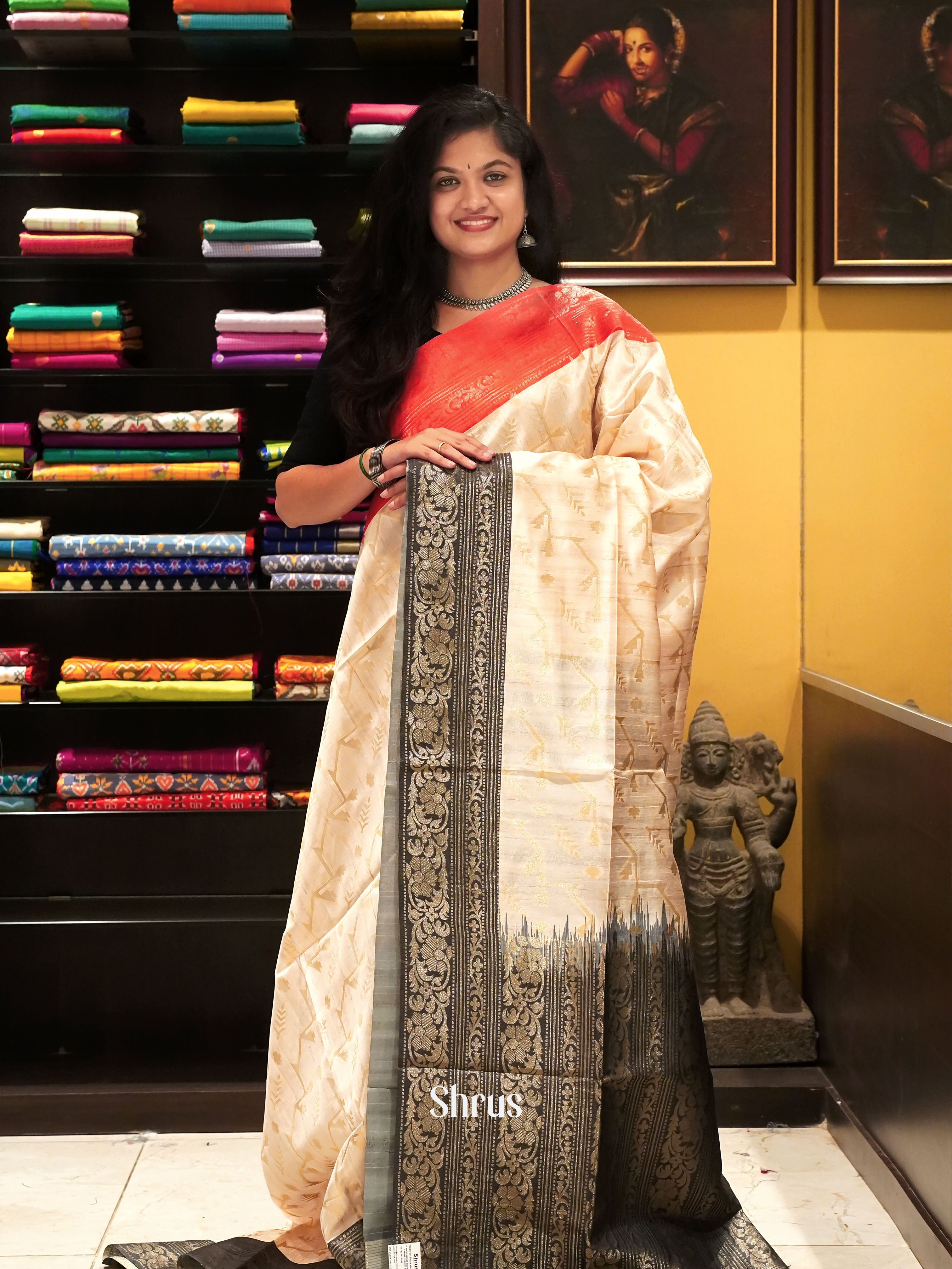 Cream Black And Red- Semi Raw Silk Saree