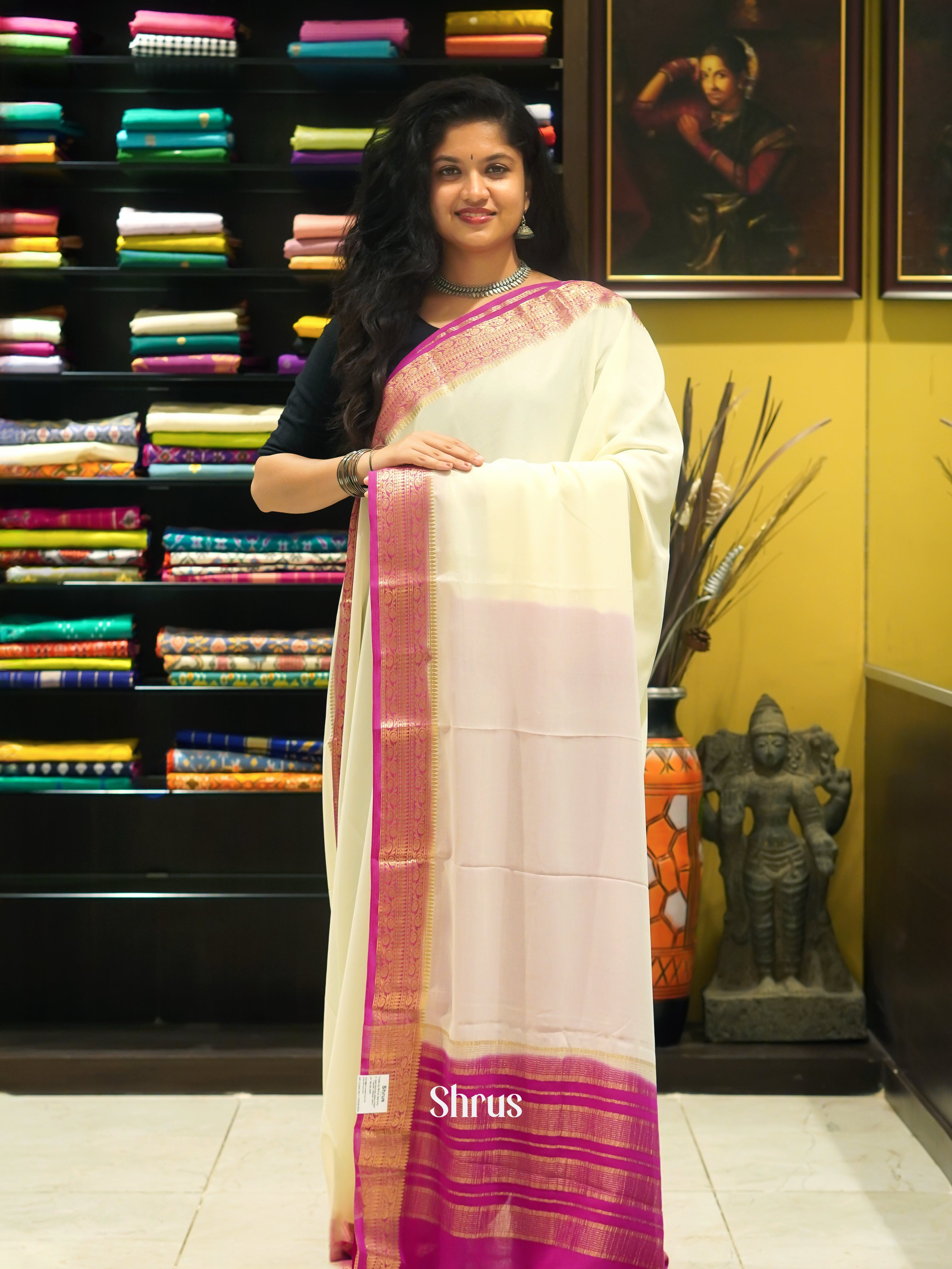 Cream & Pink  - Semi Georgette Saree