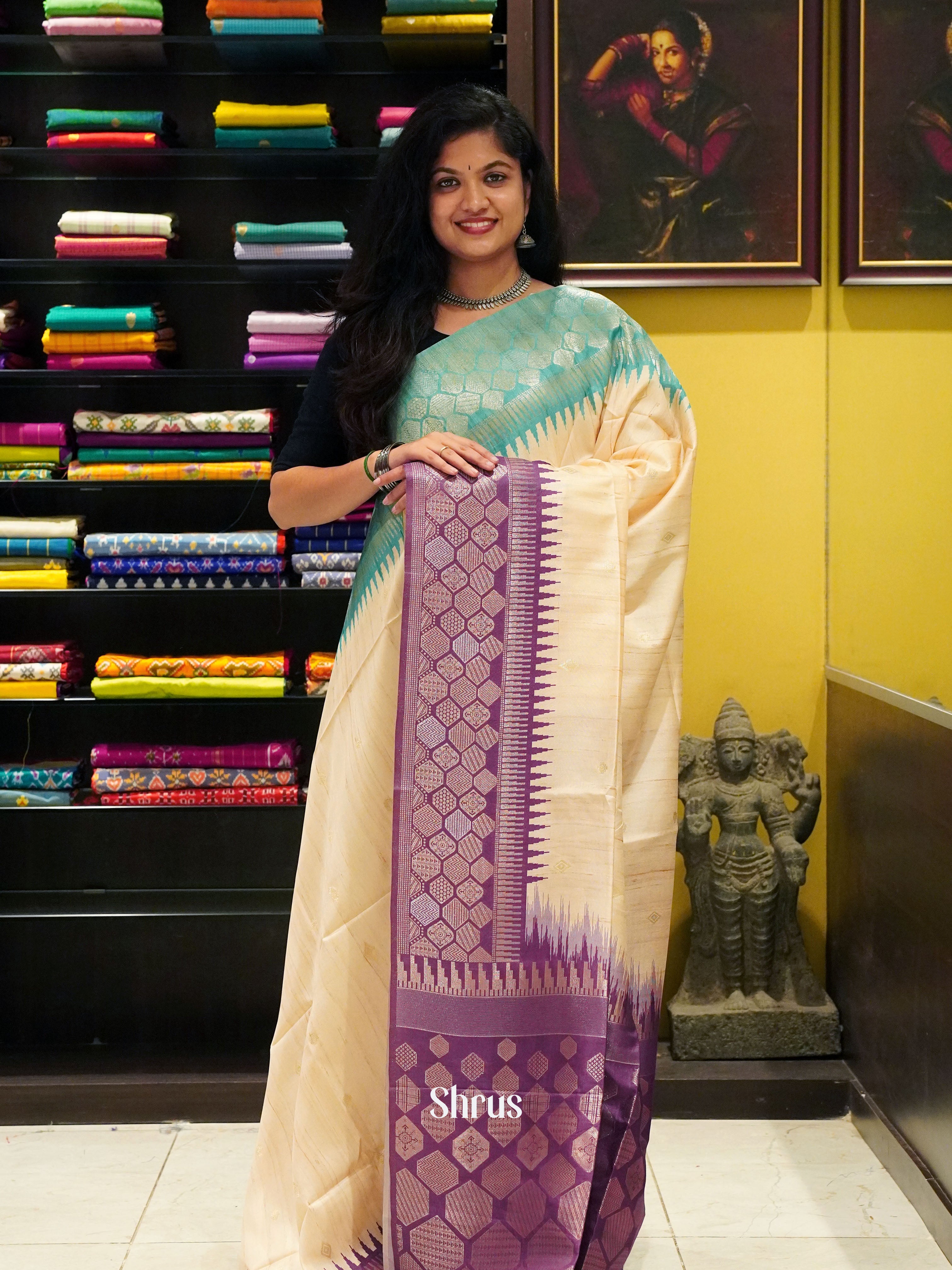 Beige Wine And Teal Green- Semi Raw Silk Saree