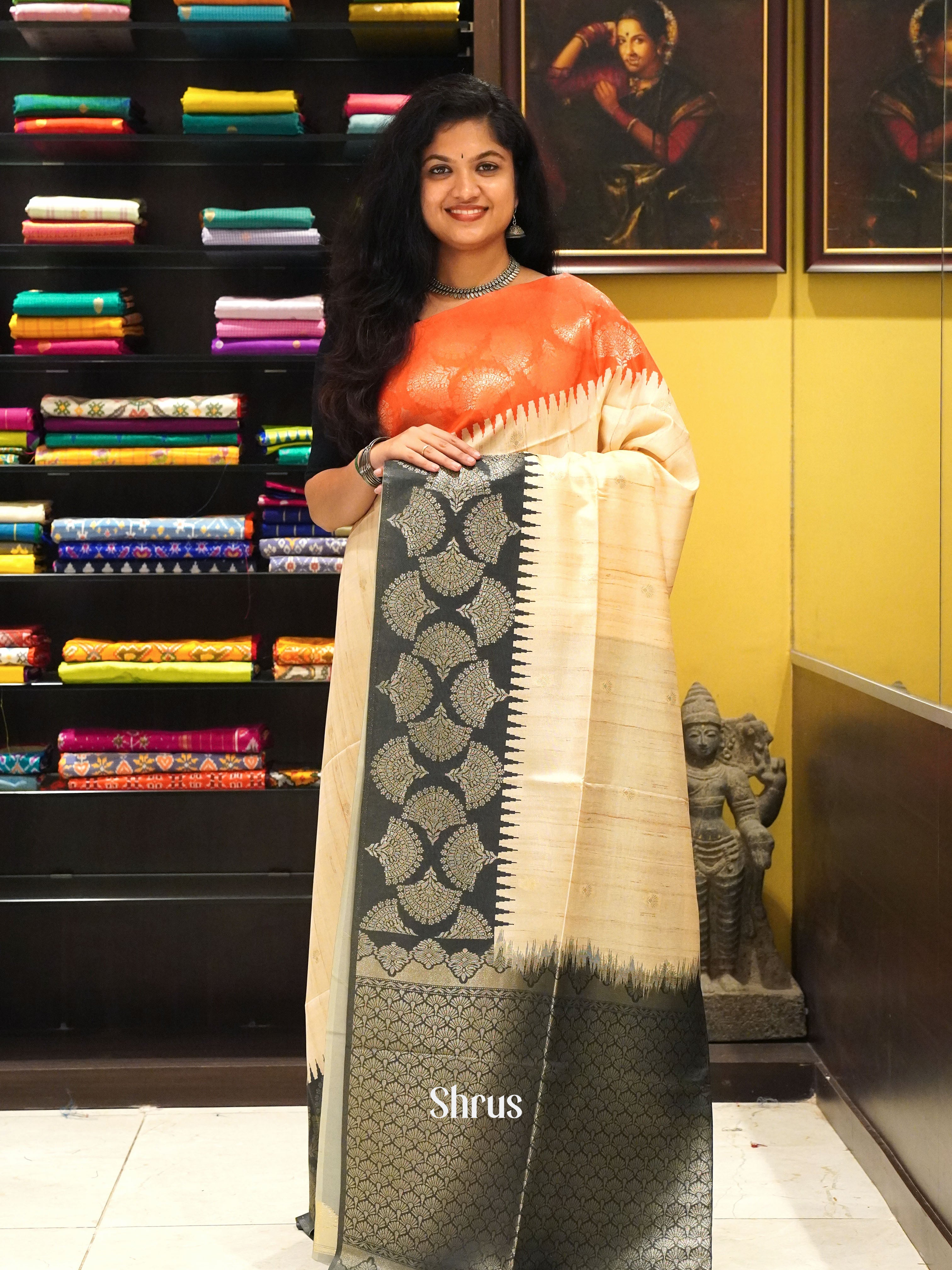 Beige Black And Red- Semi Raw Silk Saree