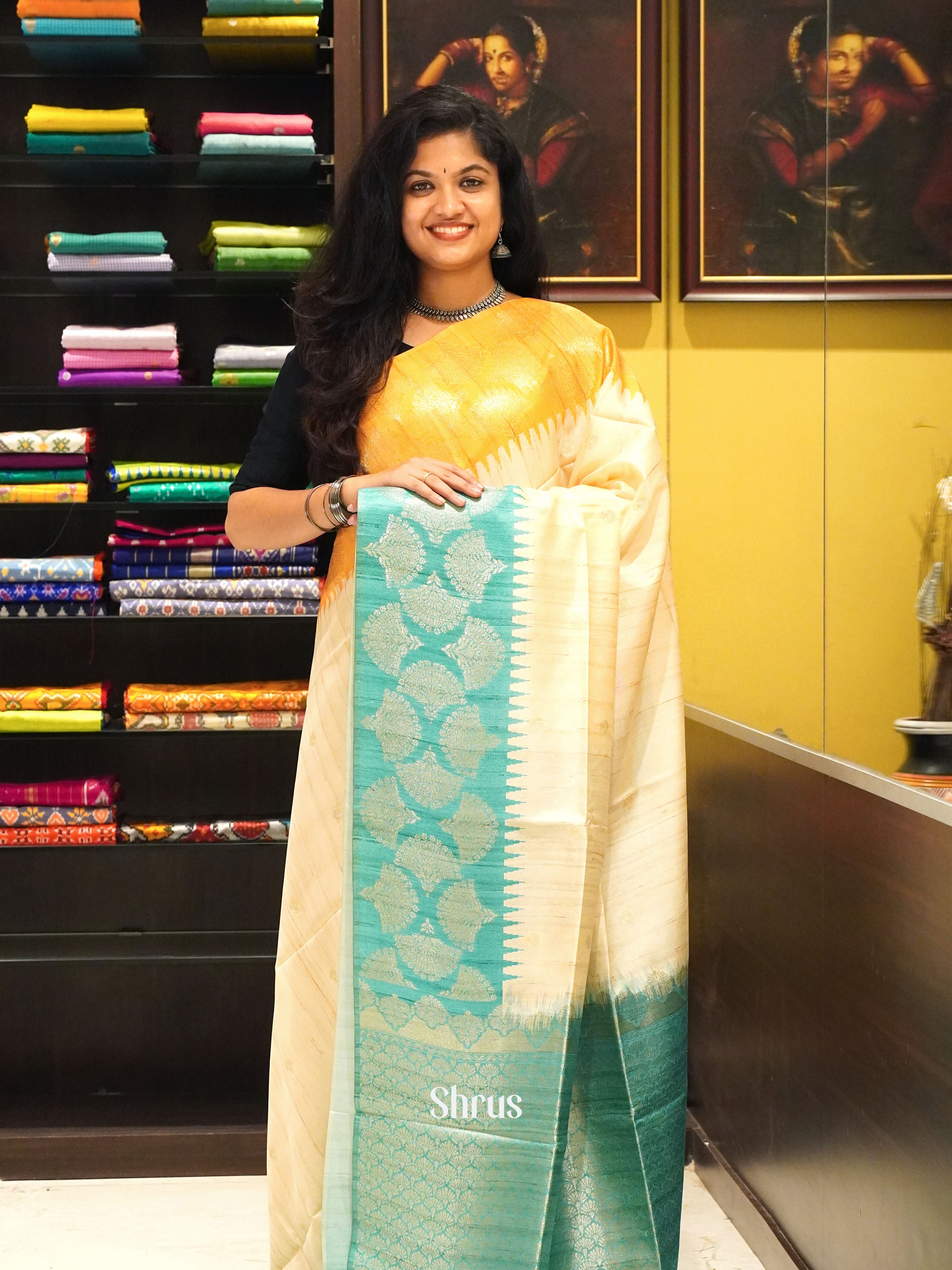 Beige Teal Green And Mustard- Semi Raw Silk Saree