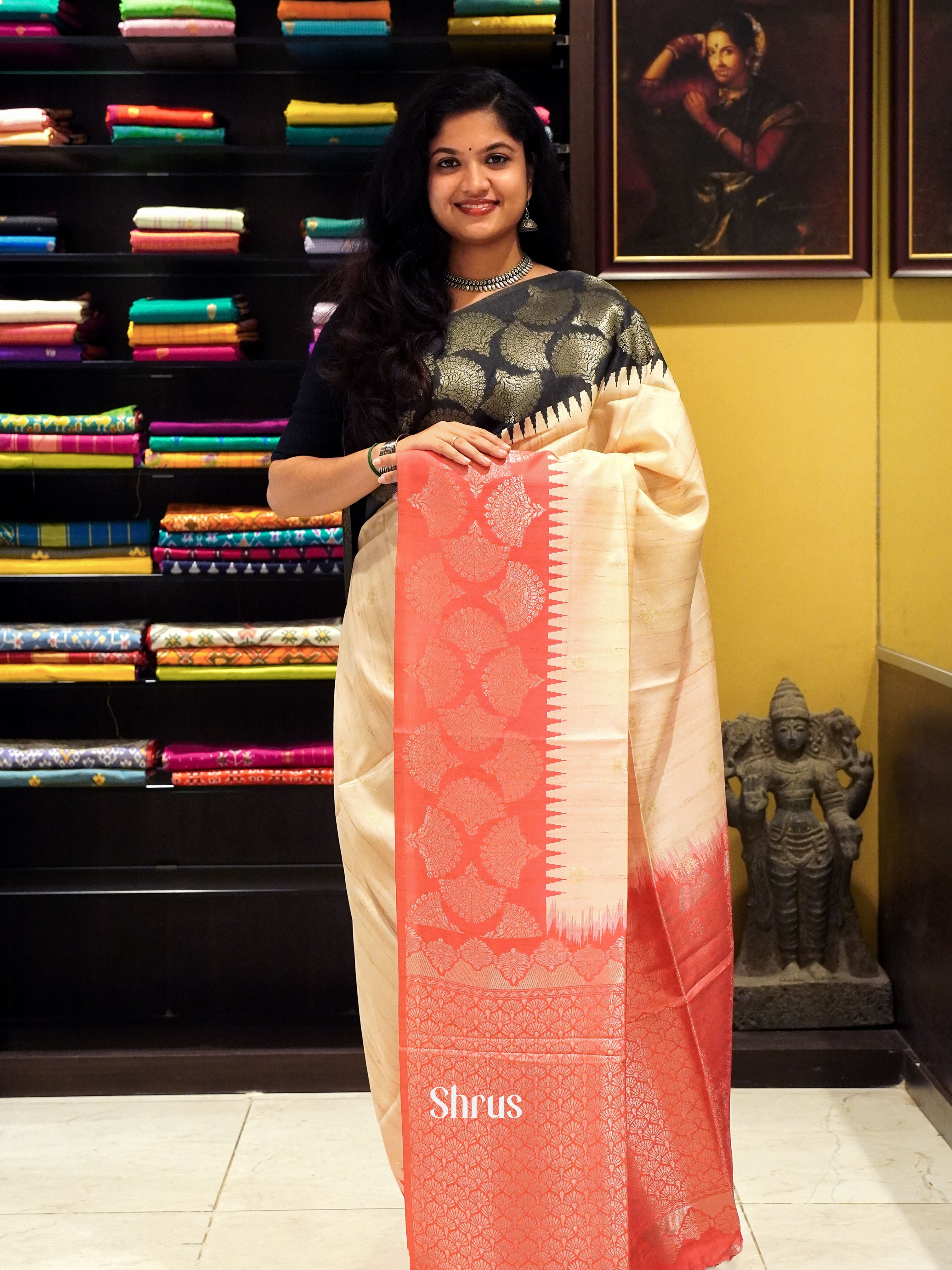 Beige Pink And Black- Semi  Raw Silk Saree