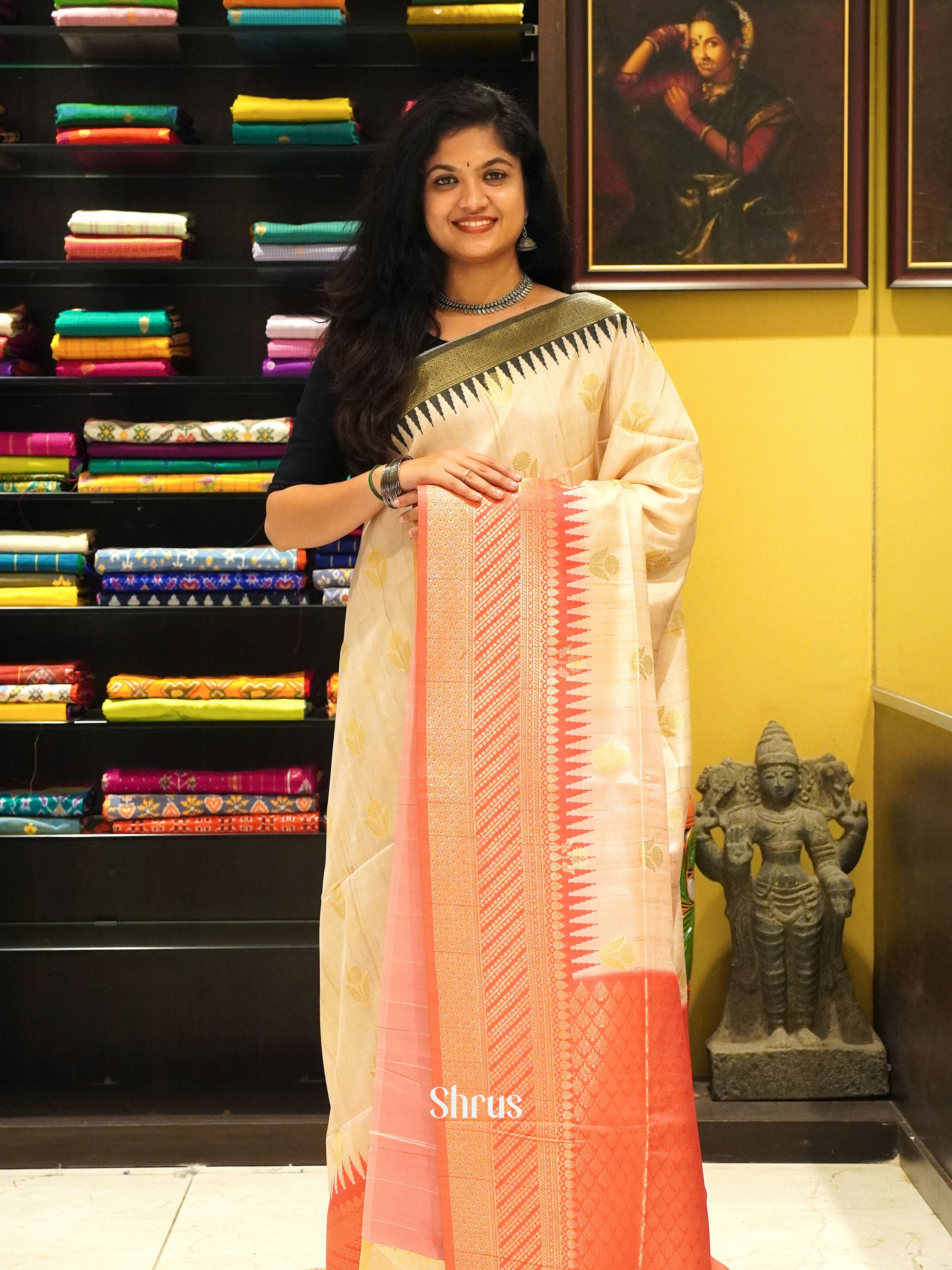 Cream And Pink-Semi Raw Silk Saree