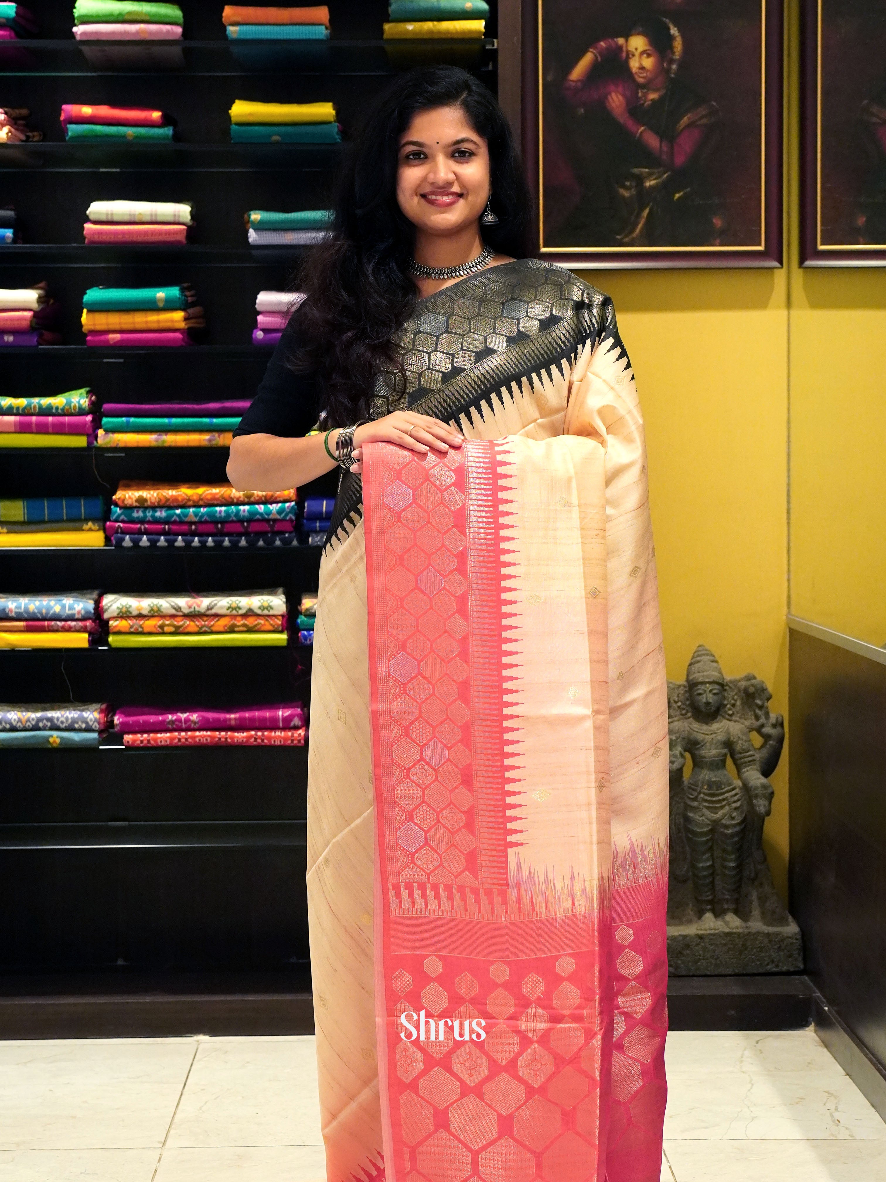 Cream And Pink- Semi Raw Silk Saree