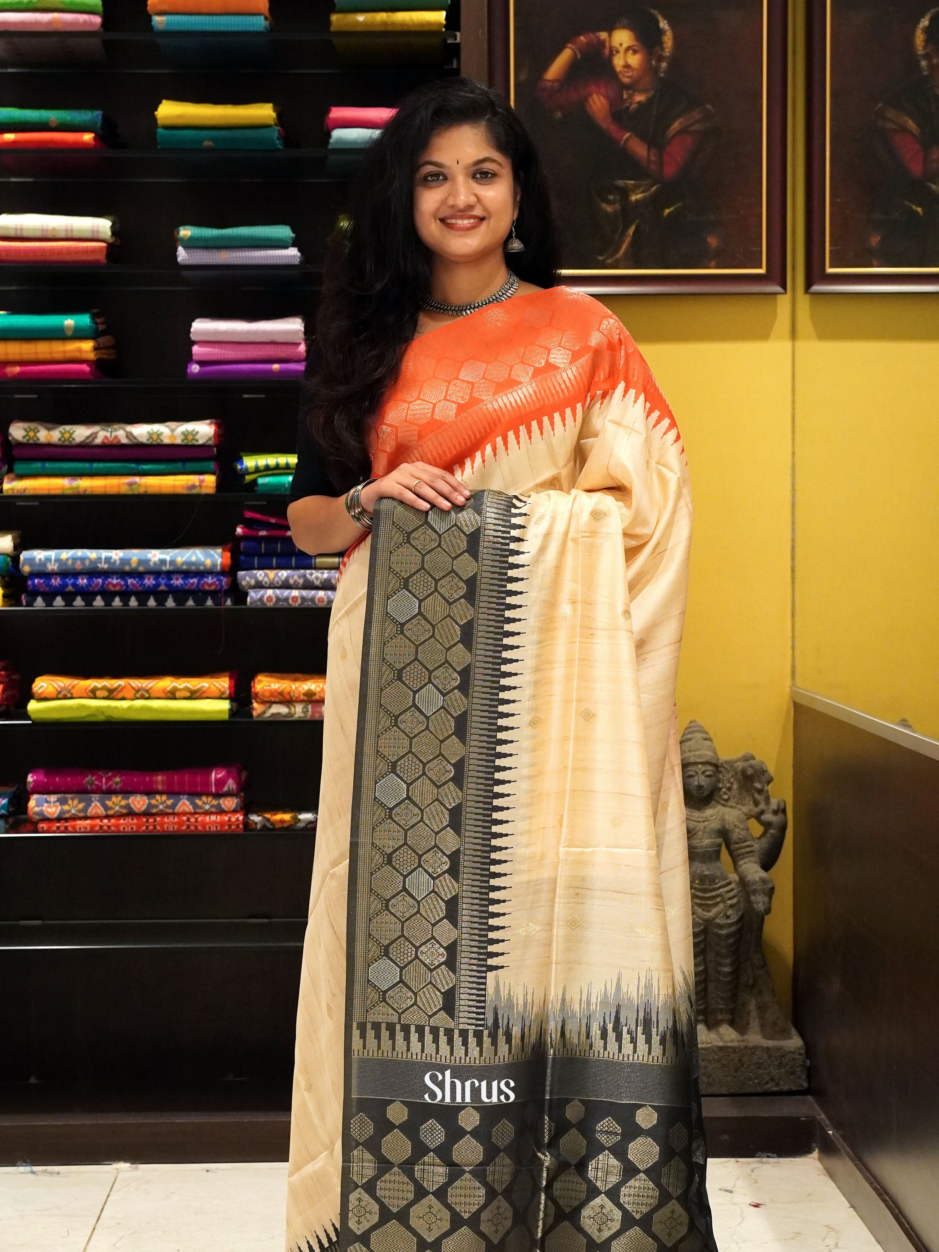 Beige Black And Red- Semi Raw Silk Saree