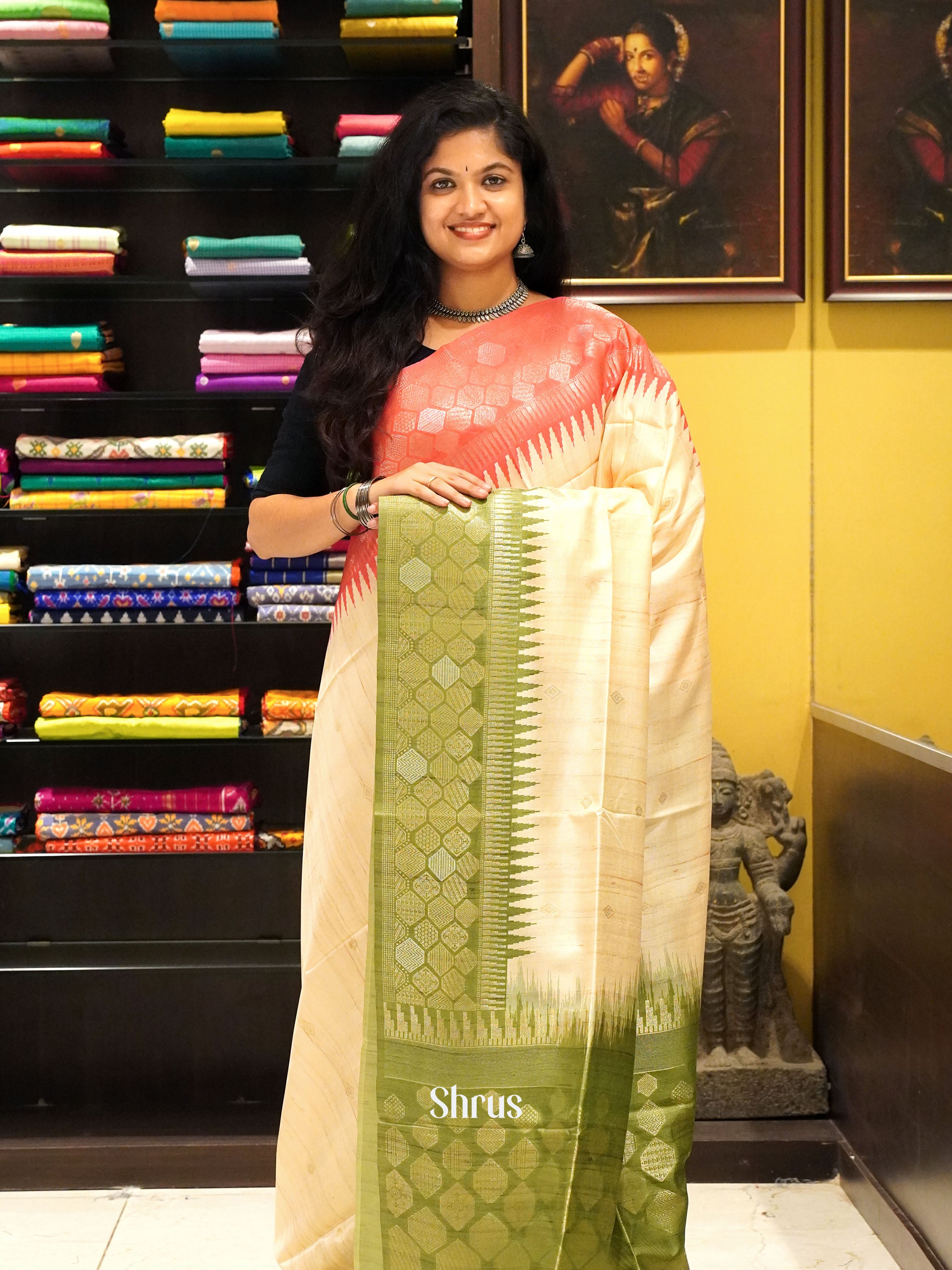 Beige Green And Pink- Semi Raw Silk Saree