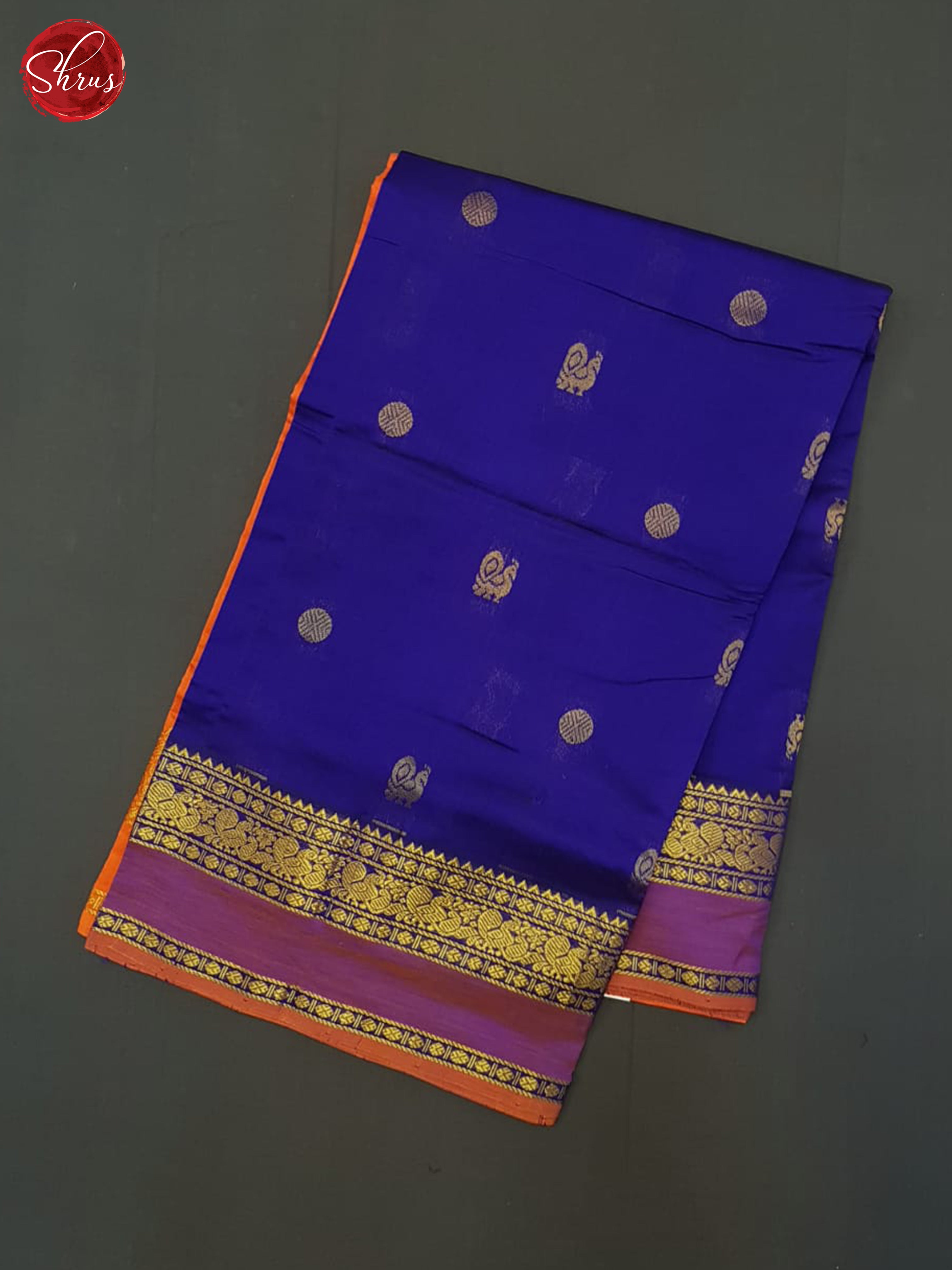 Blue And Orange- Silk Cotton Half-pure  Saree - Shop on ShrusEternity.com