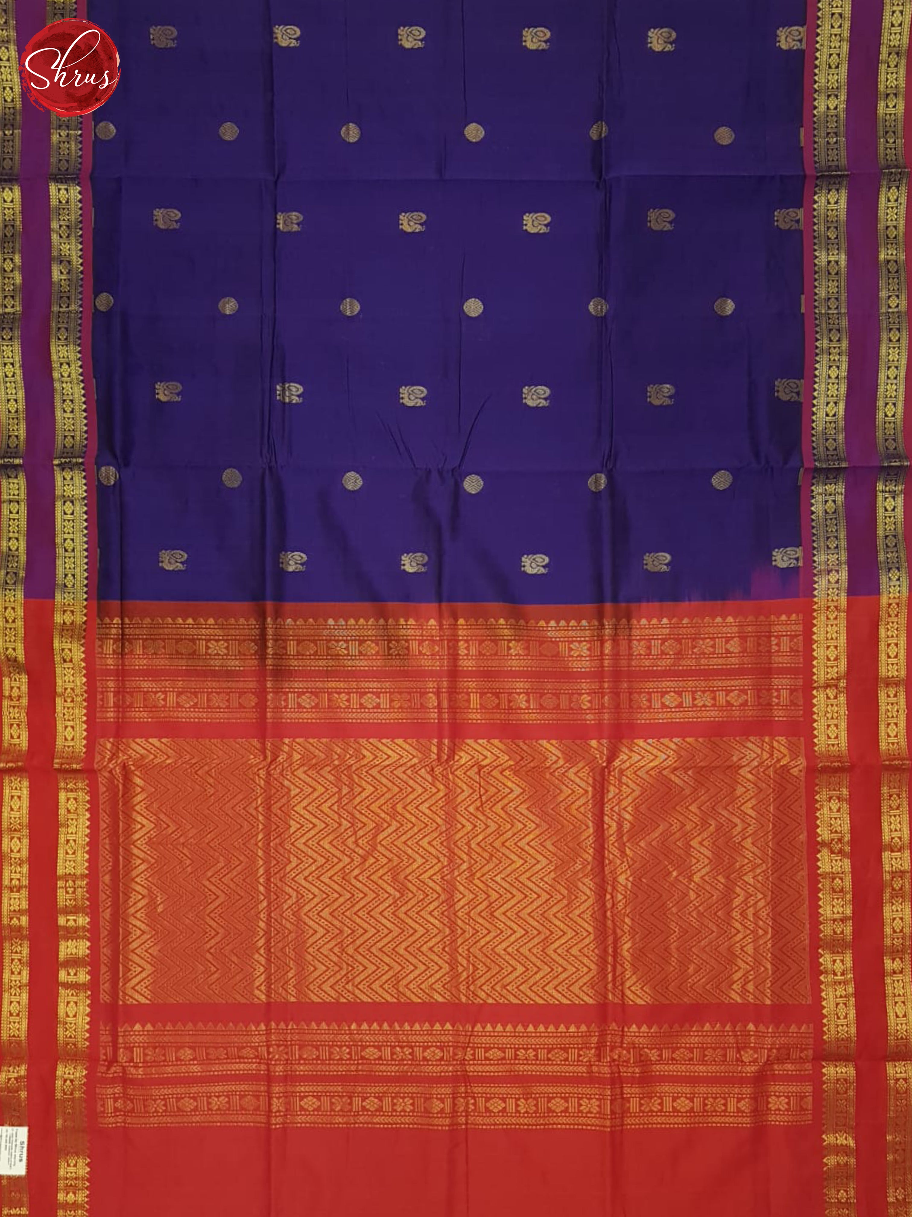 Blue And Red- Silk Cotton Half-pure Saree - Shop on ShrusEternity.com