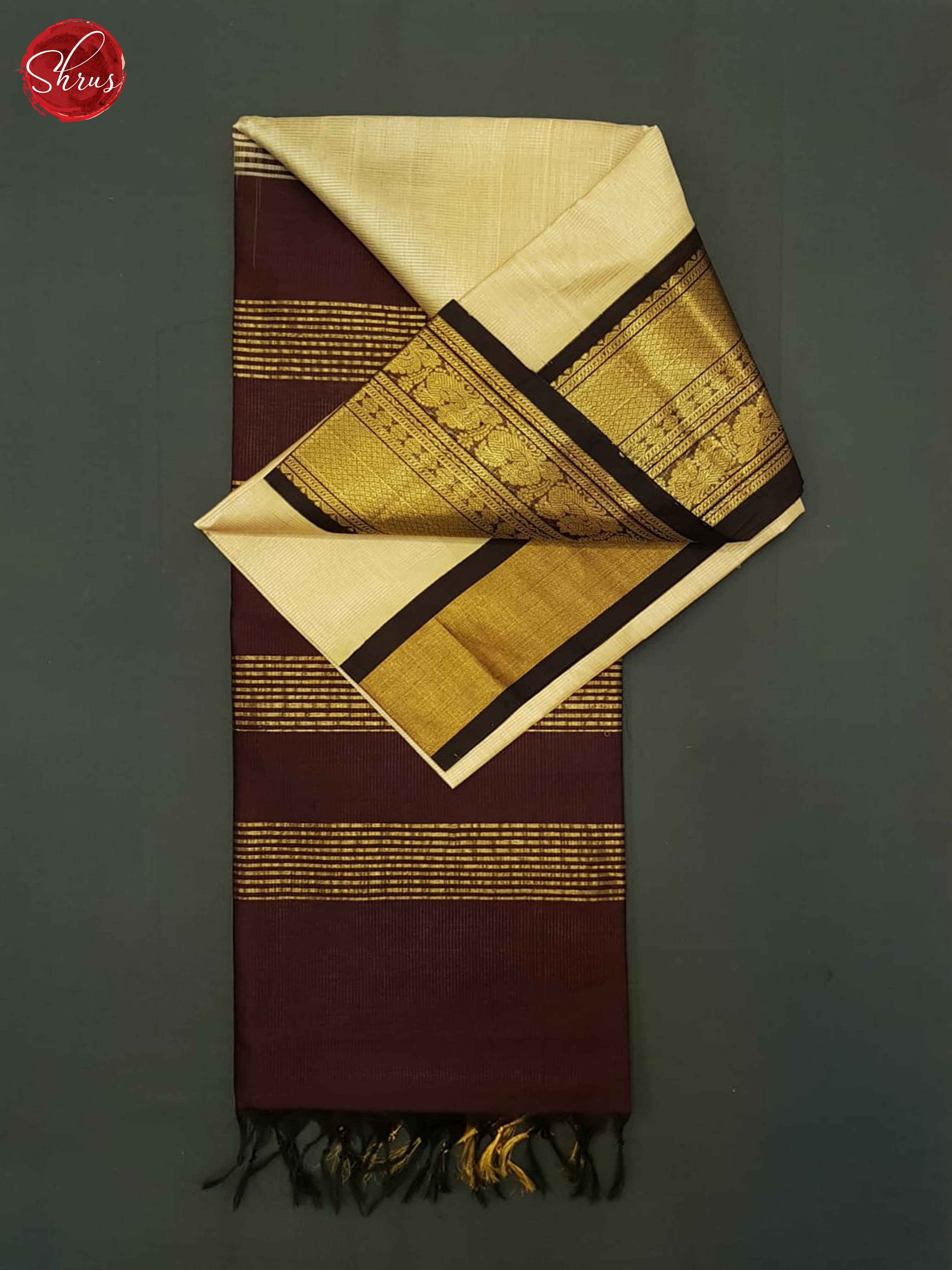 Cream And Brown- Silk Cotton Saree - Shop on ShrusEternity.com