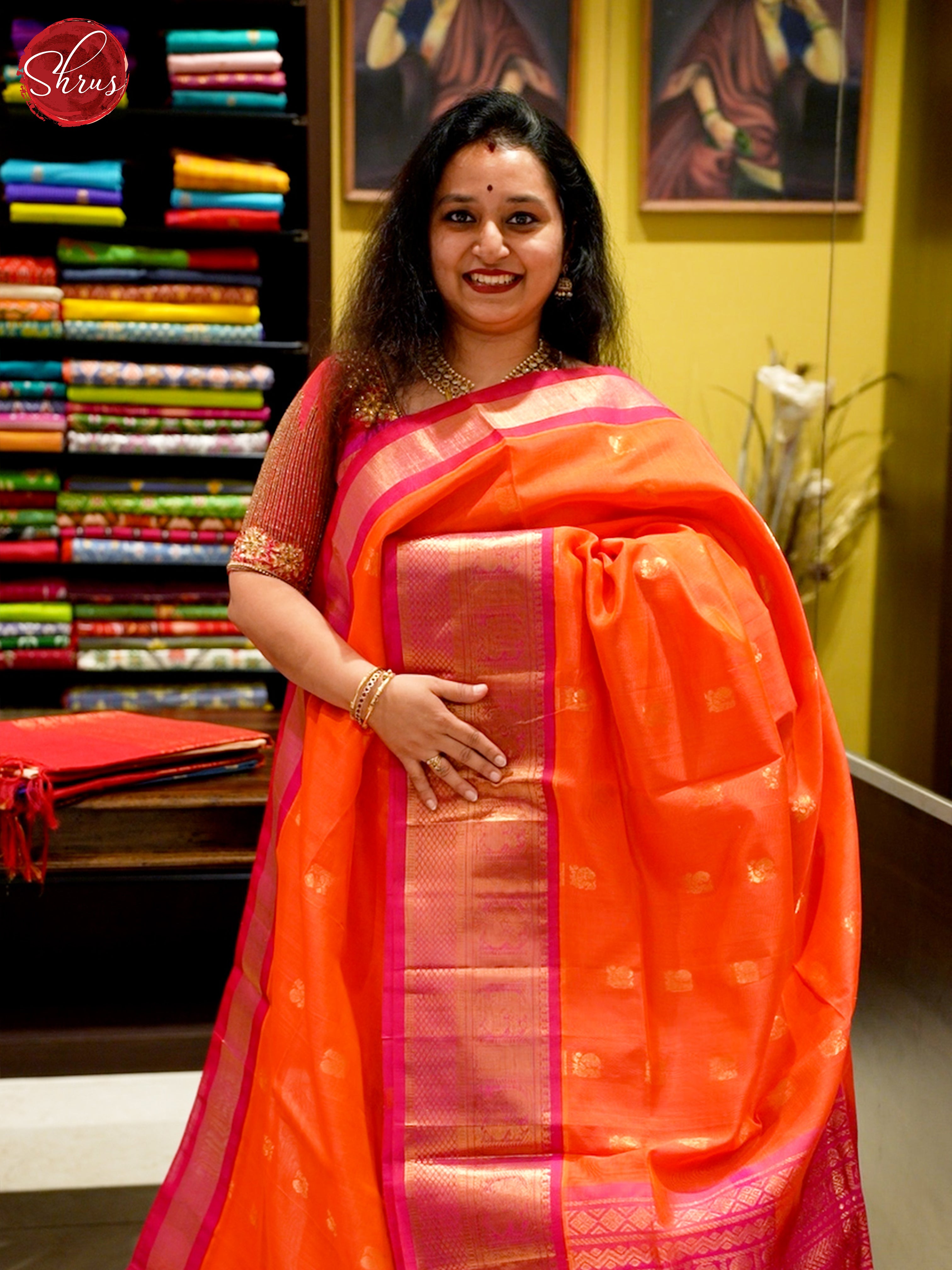 Orange And Pink- Silk Cotton Saree - Shop on ShrusEternity.com