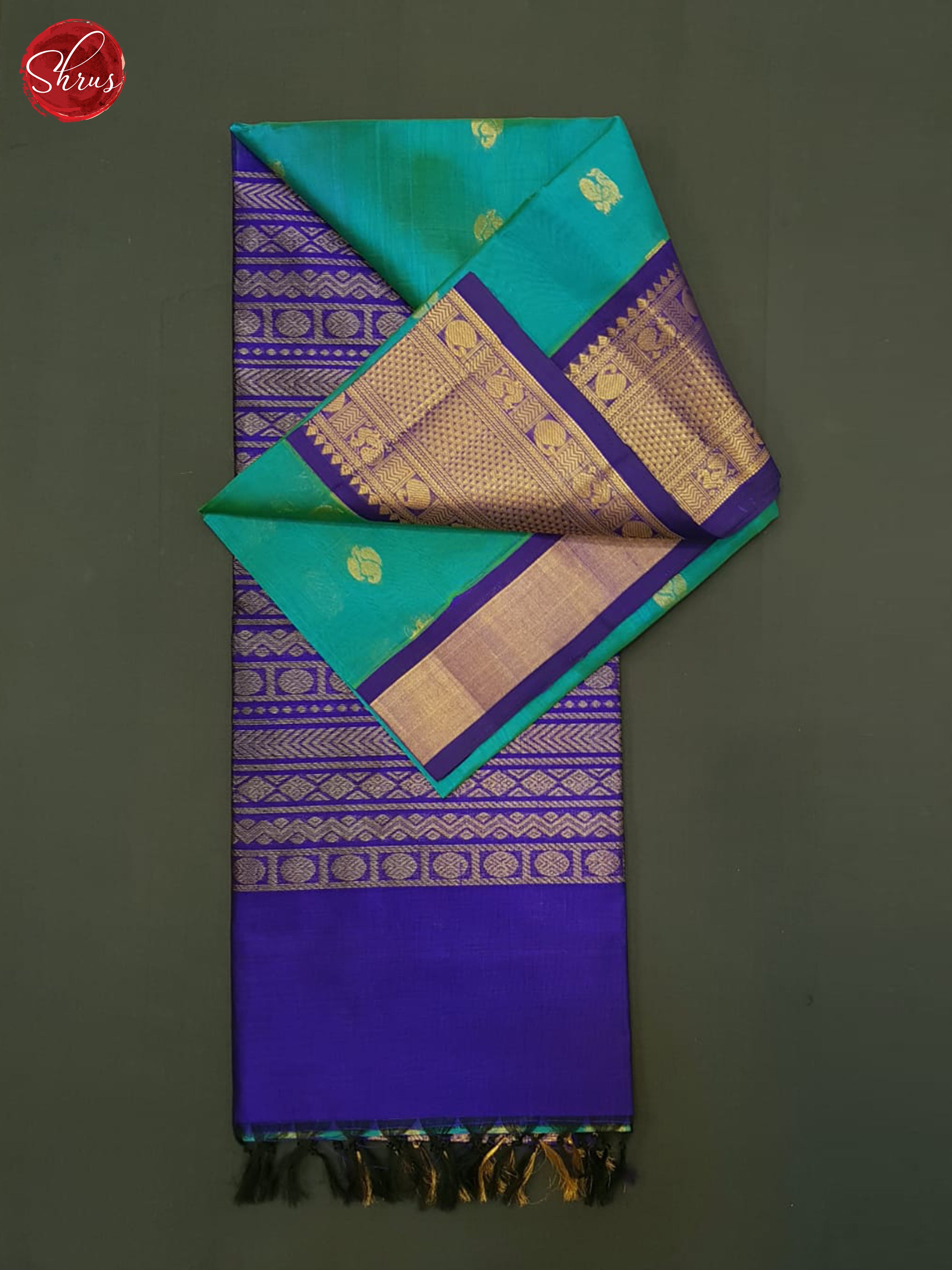 Teal  & Blue- Silk Cotton Saree - Shop on ShrusEternity.com