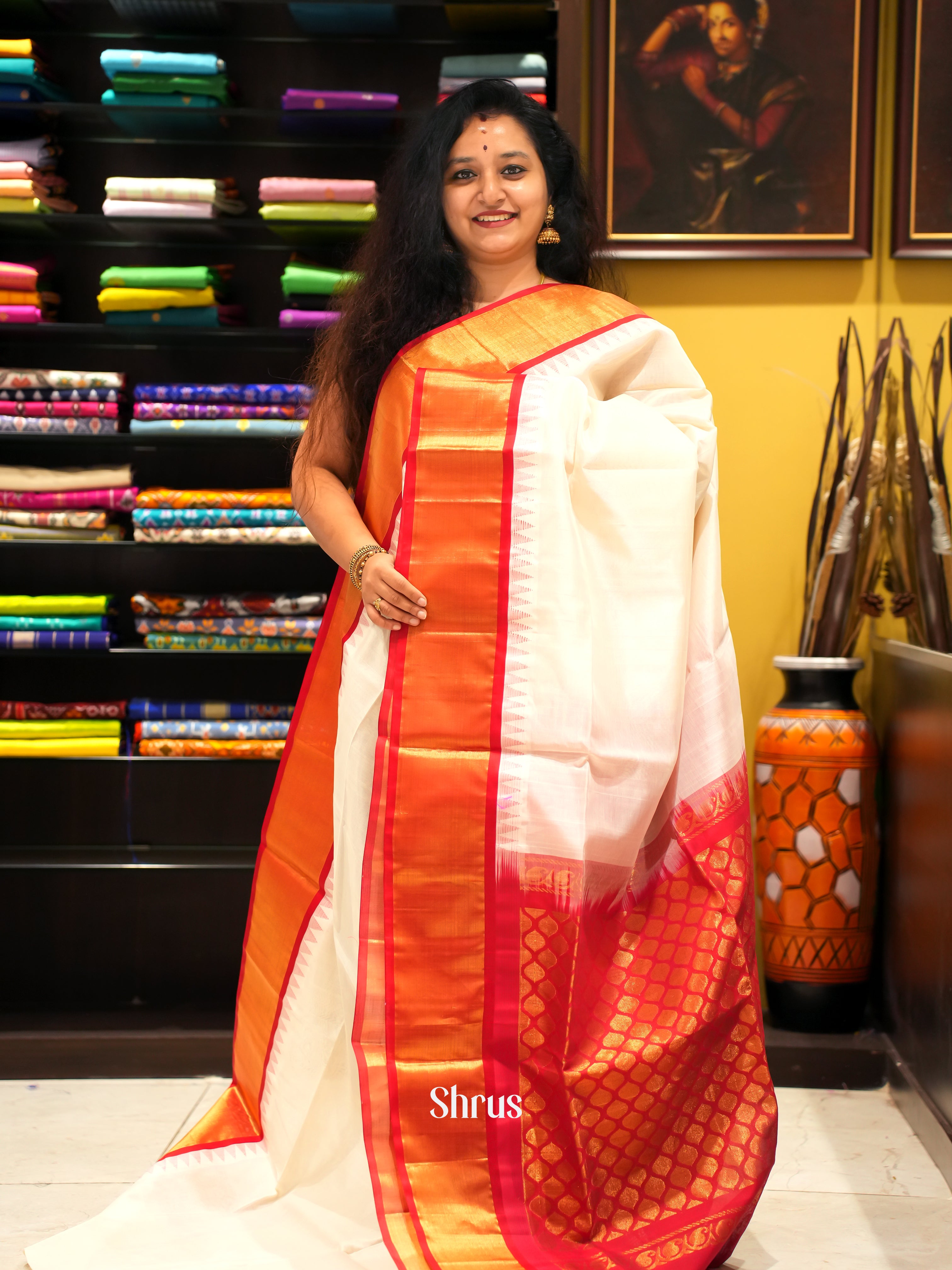 Cream And Red- silk Cotton Saree