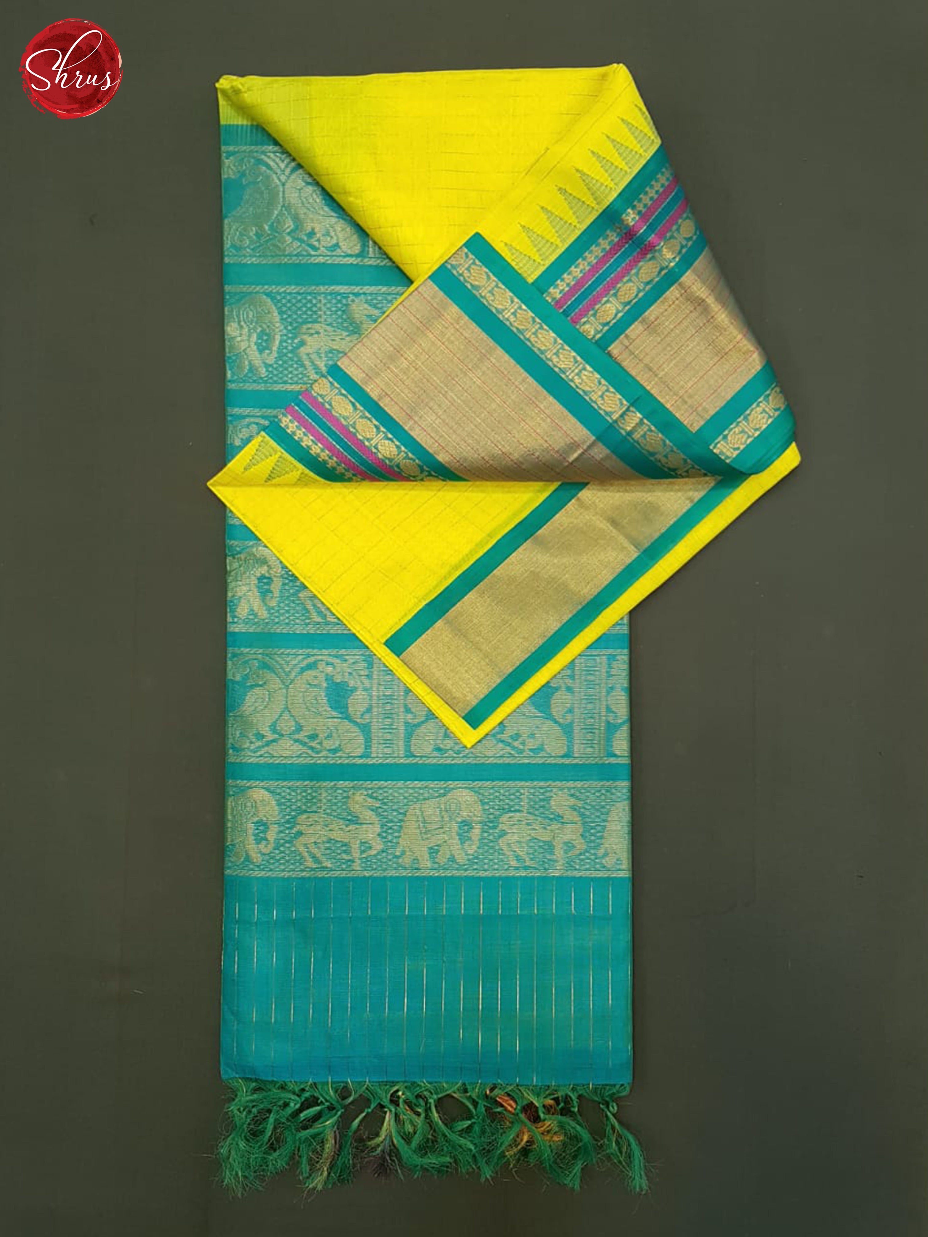 Lime Yellow And Blue-Silk Cotton Saree - Shop on ShrusEternity.com