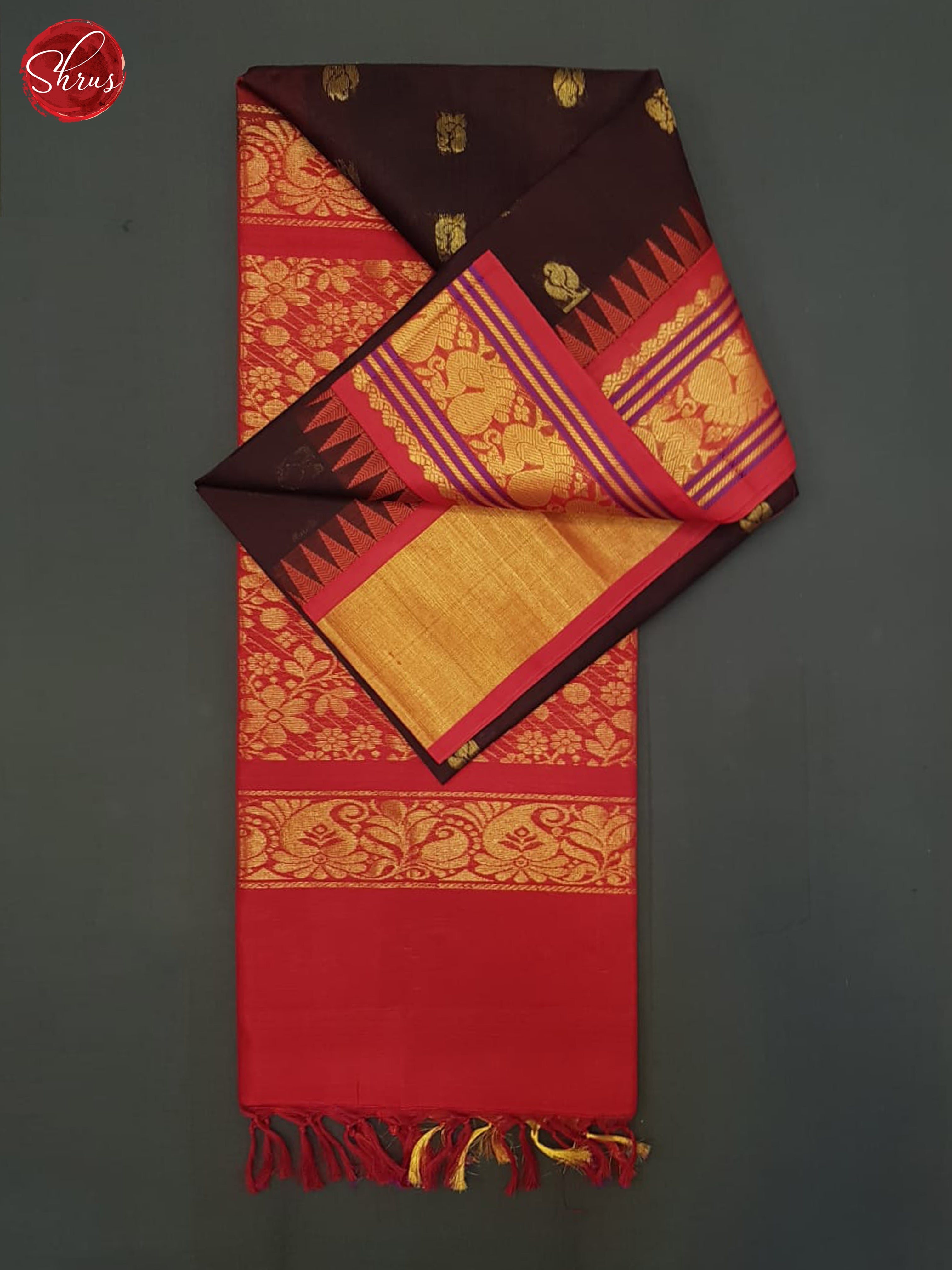 Brown And Red- Silk Cotton Saree - Shop on ShrusEternity.com