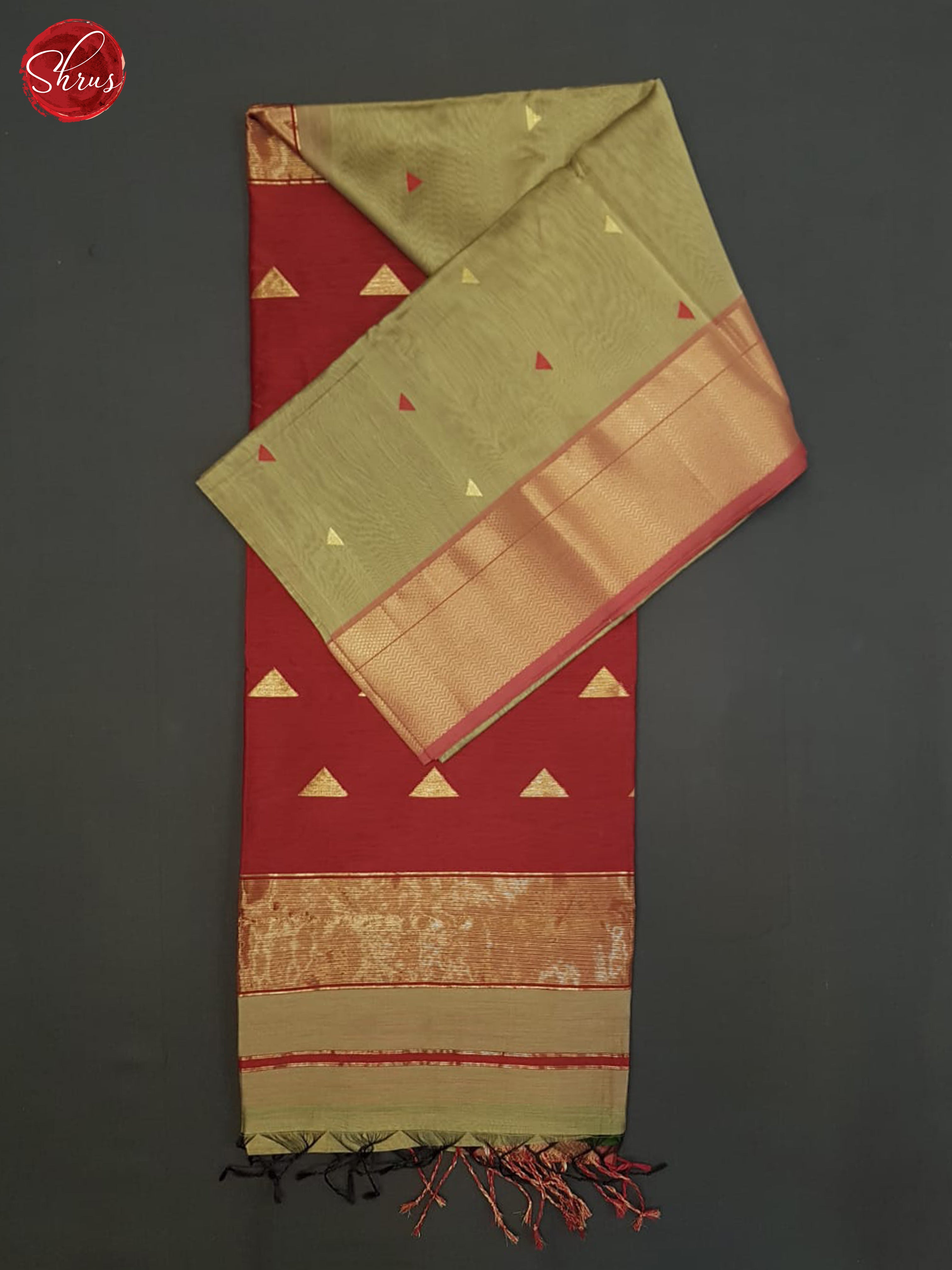 Elachi Greenish Grey And Red-Maheshwari Silk cotton Saree - Shop on ShrusEternity.com