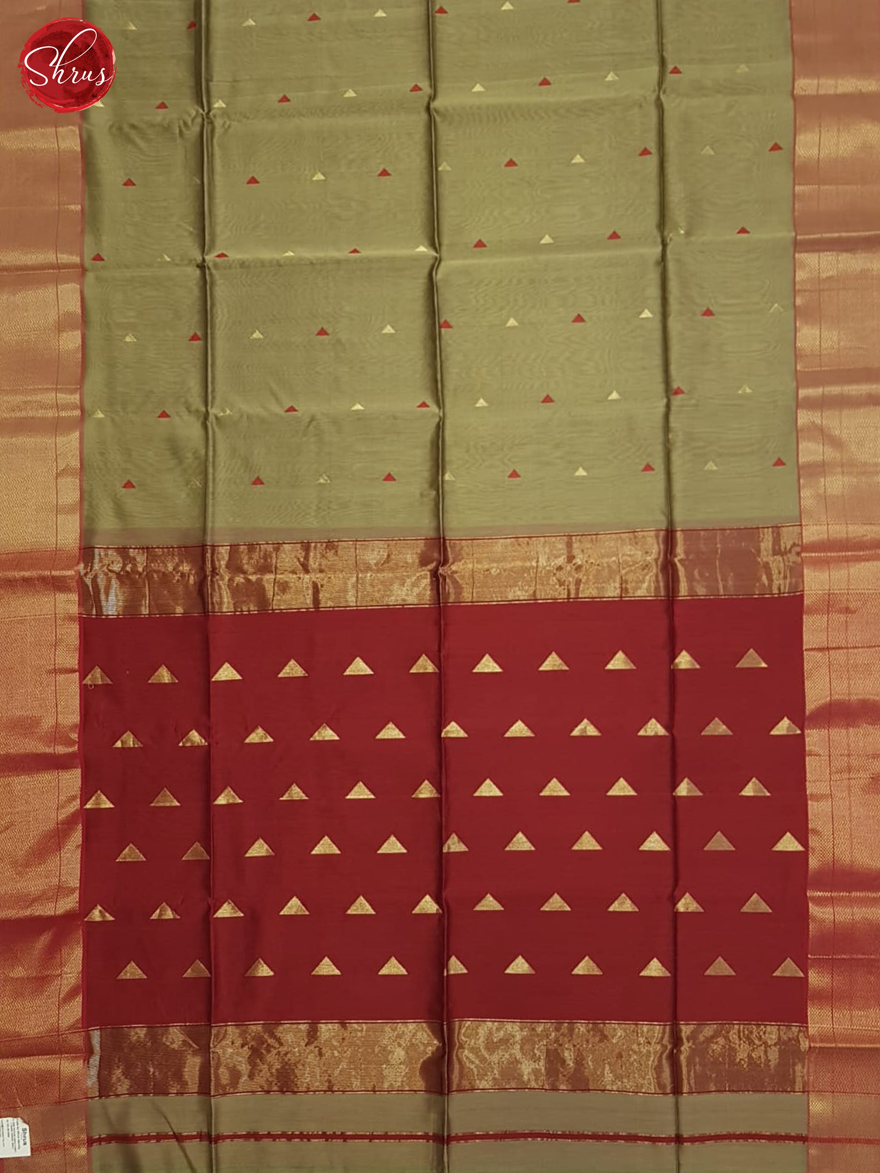 Elachi Greenish Grey And Red-Maheshwari Silk cotton Saree - Shop on ShrusEternity.com