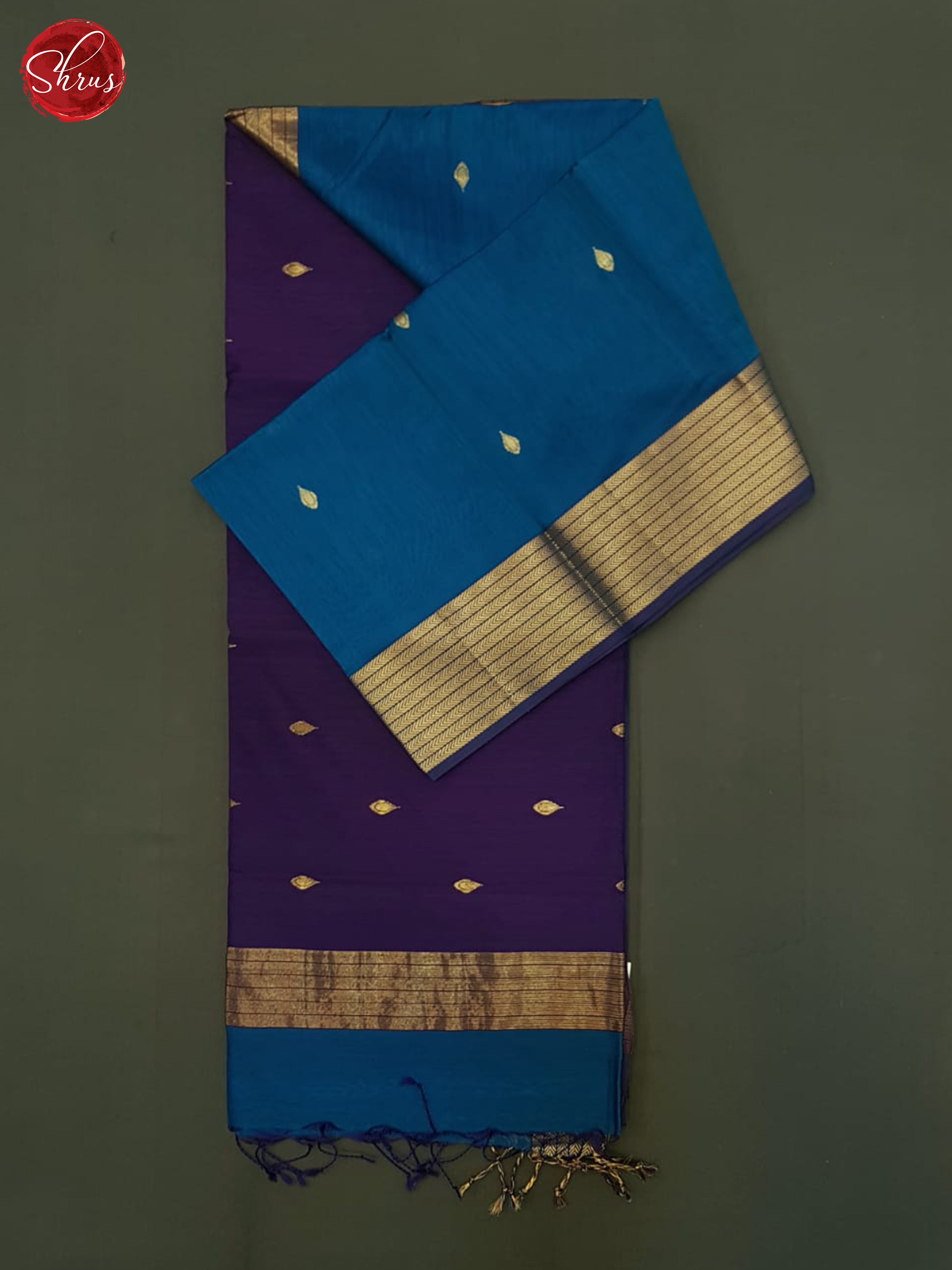 Blue And Eggplant- Maheshwari Silk Cotton Saree - Shop on ShrusEternity.com