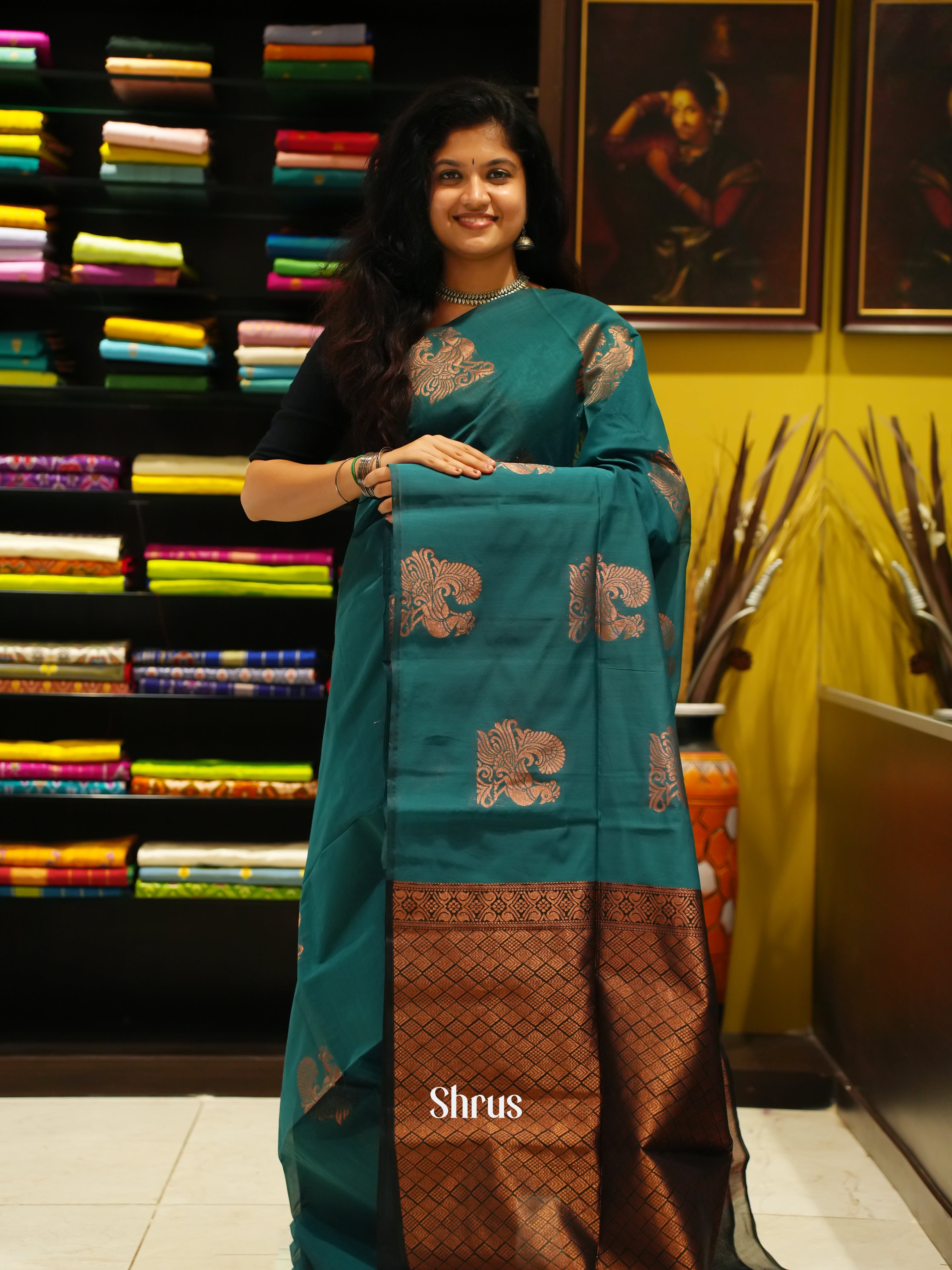 Teal & Black - Semi Silkcotton  Saree