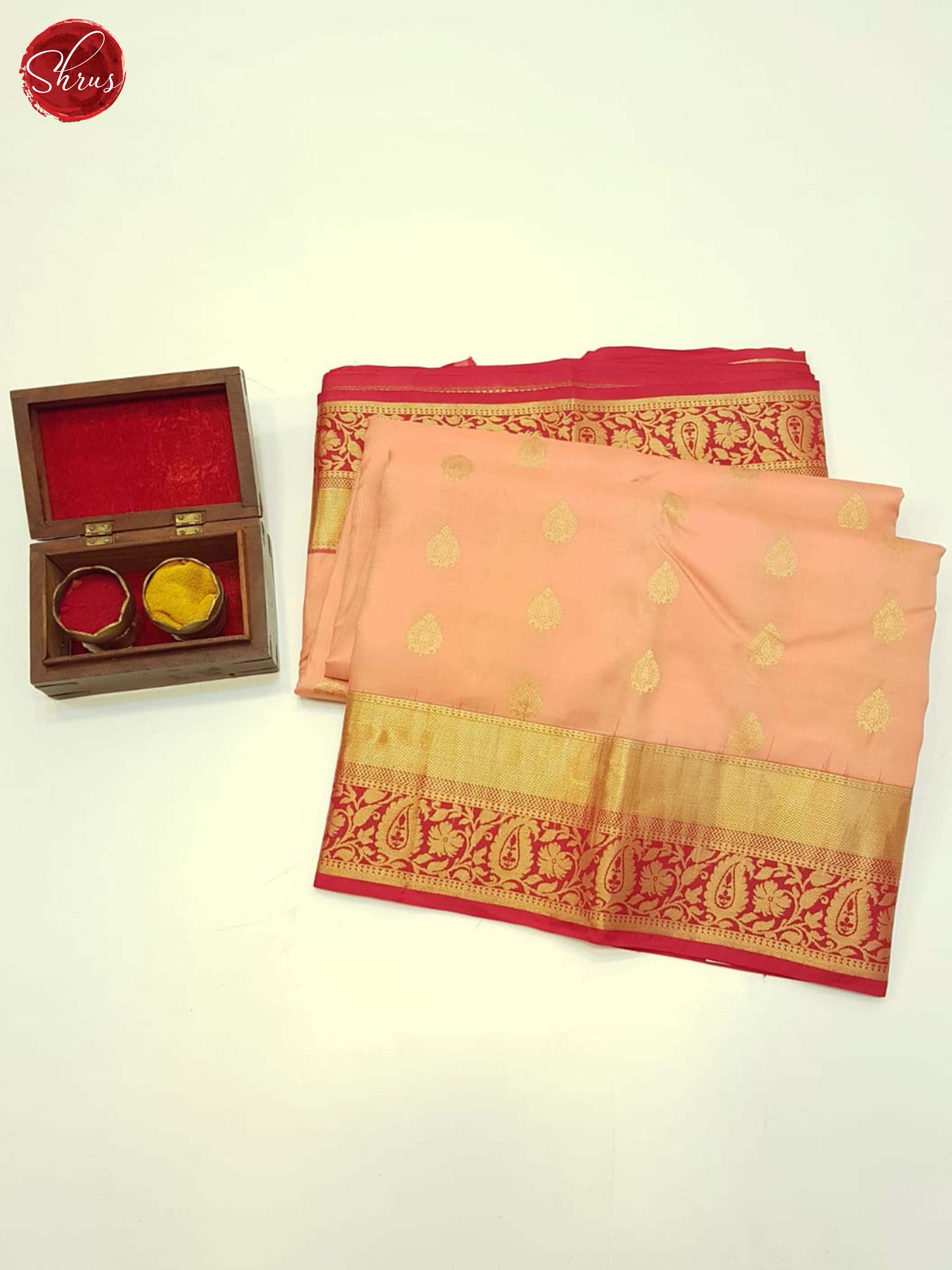 Peacish pink & Red - Kanchipuram Silk Saree - Shop on ShrusEternity.com