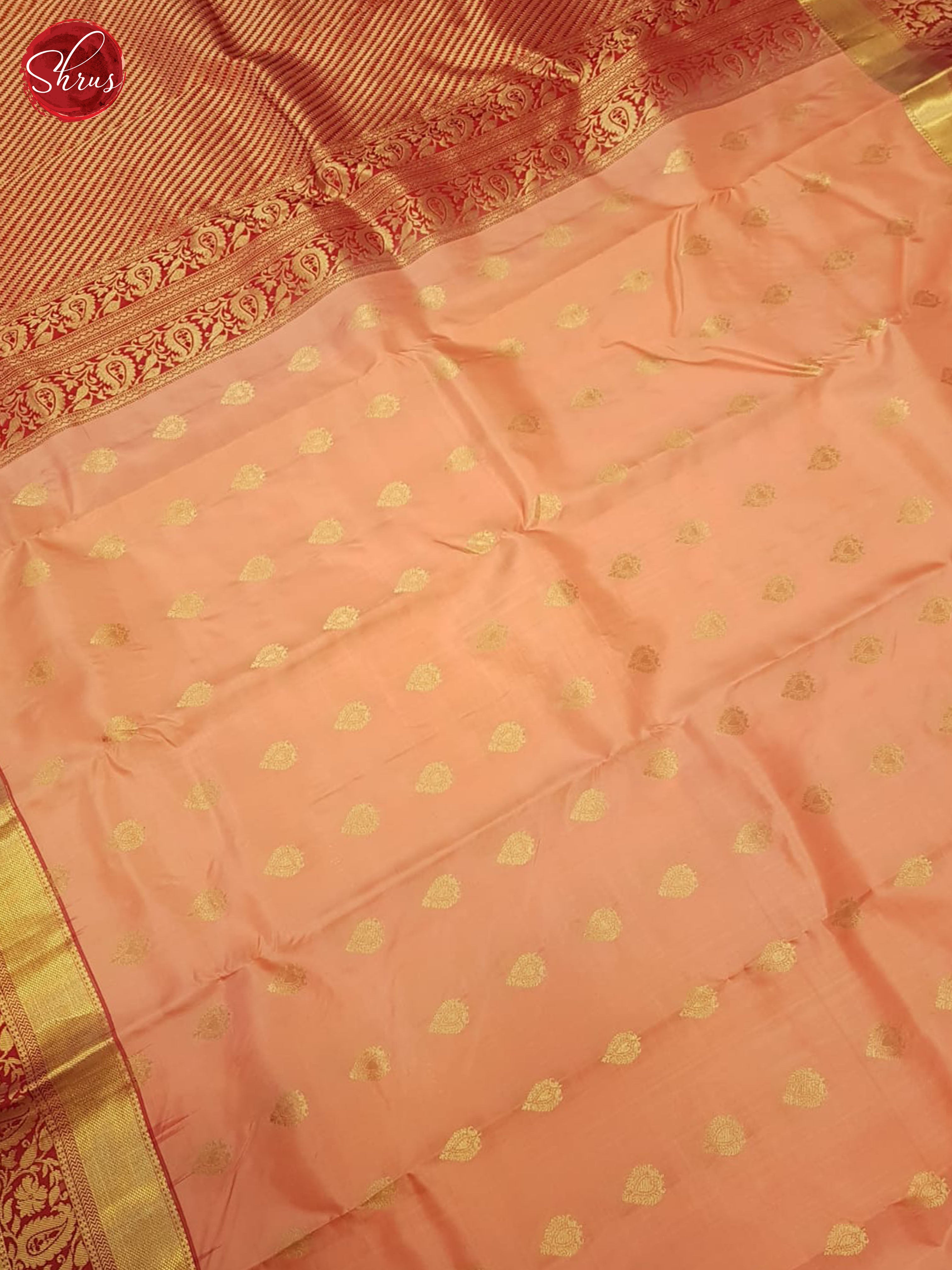 Peacish pink & Red - Kanchipuram Silk Saree - Shop on ShrusEternity.com