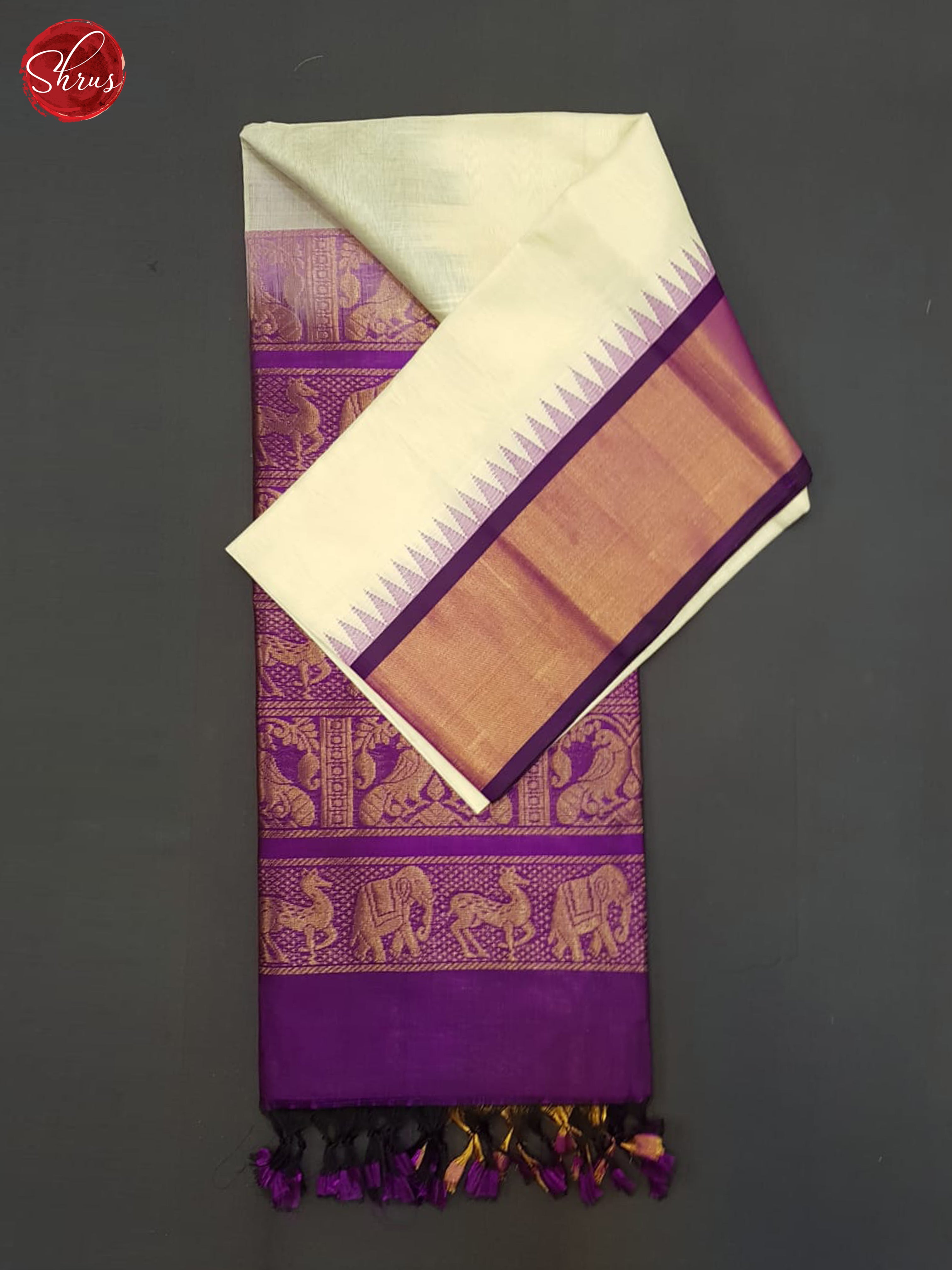 Cream And Purple- Silk Cotton Saree - Shop on ShrusEternity.com