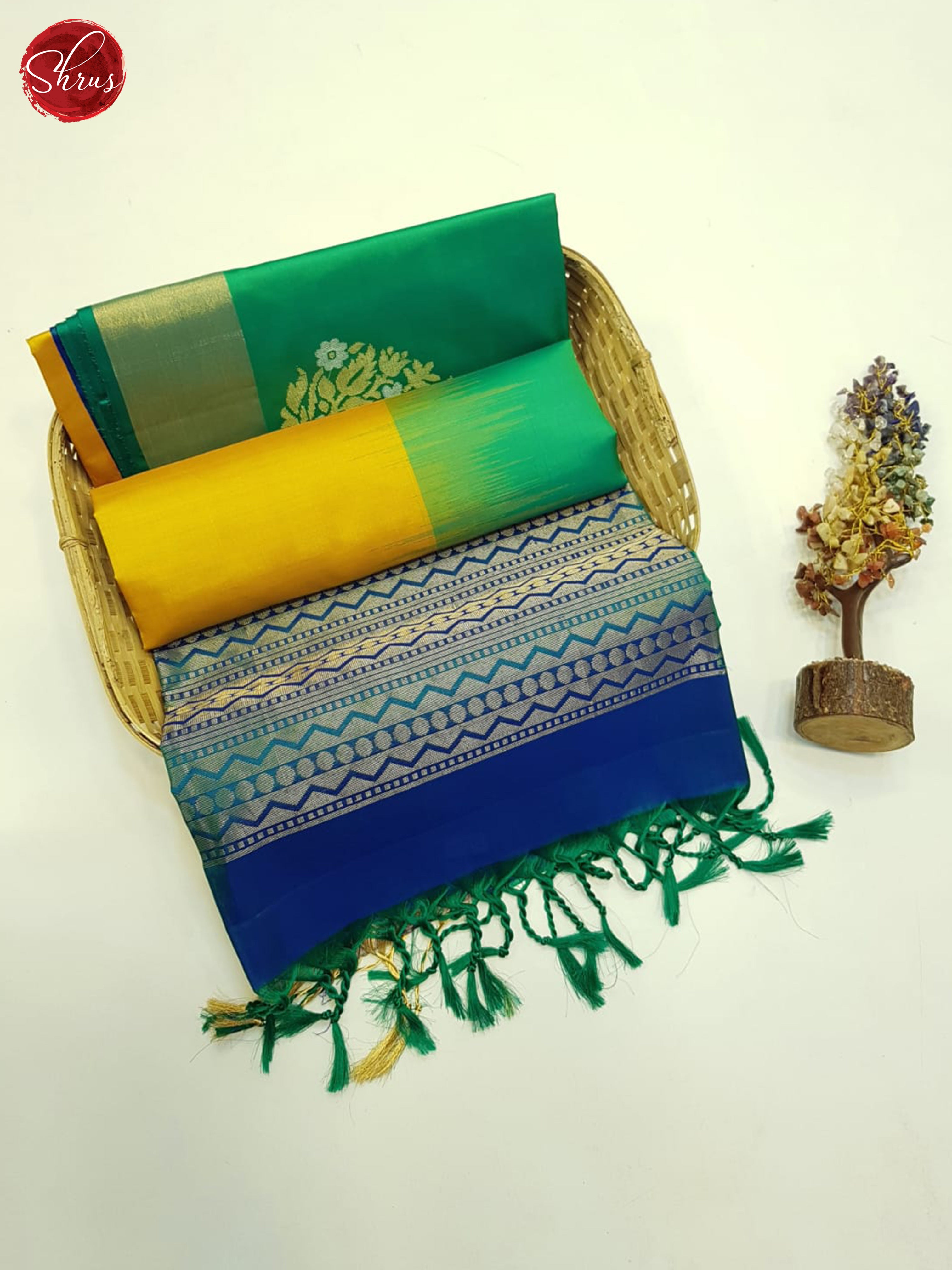 Mustard , Green And Blue- Soft silk saree - Shop on ShrusEternity.com