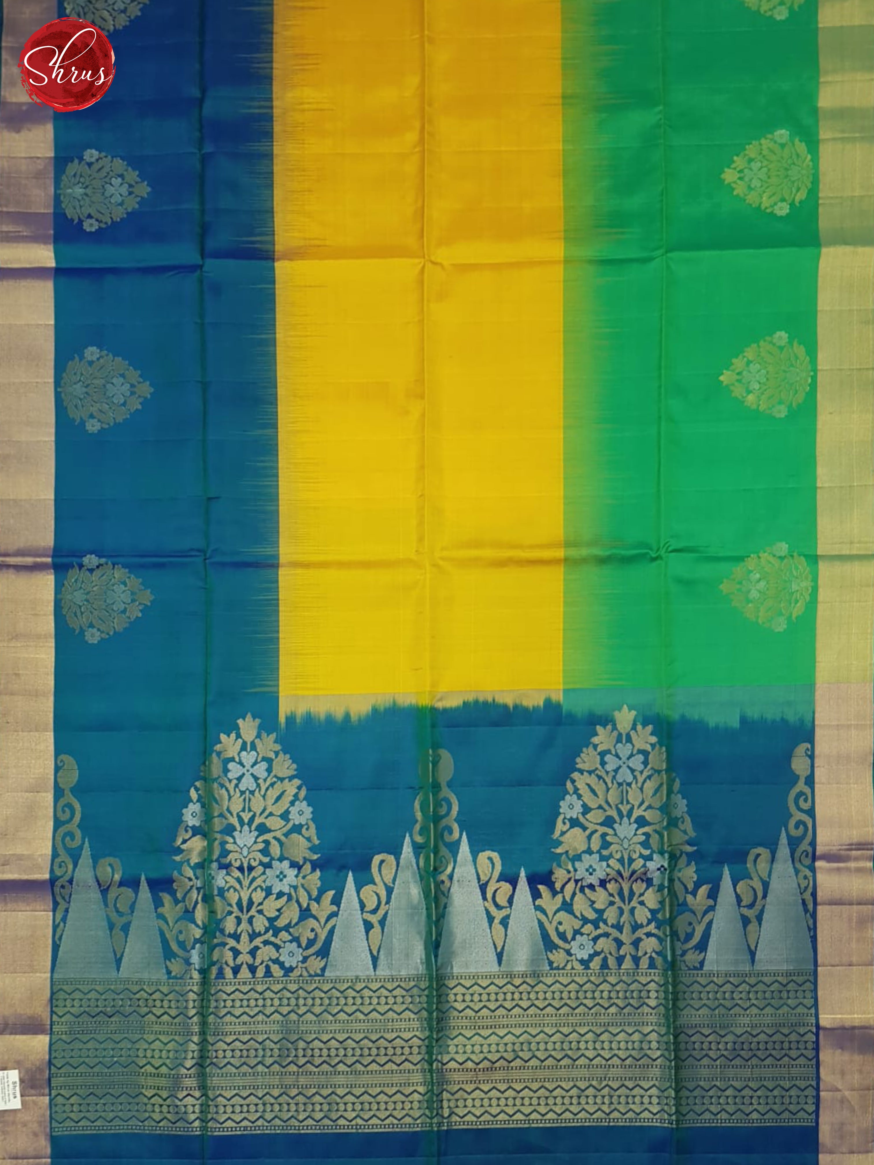 Mustard , Green And Blue- Soft silk saree - Shop on ShrusEternity.com