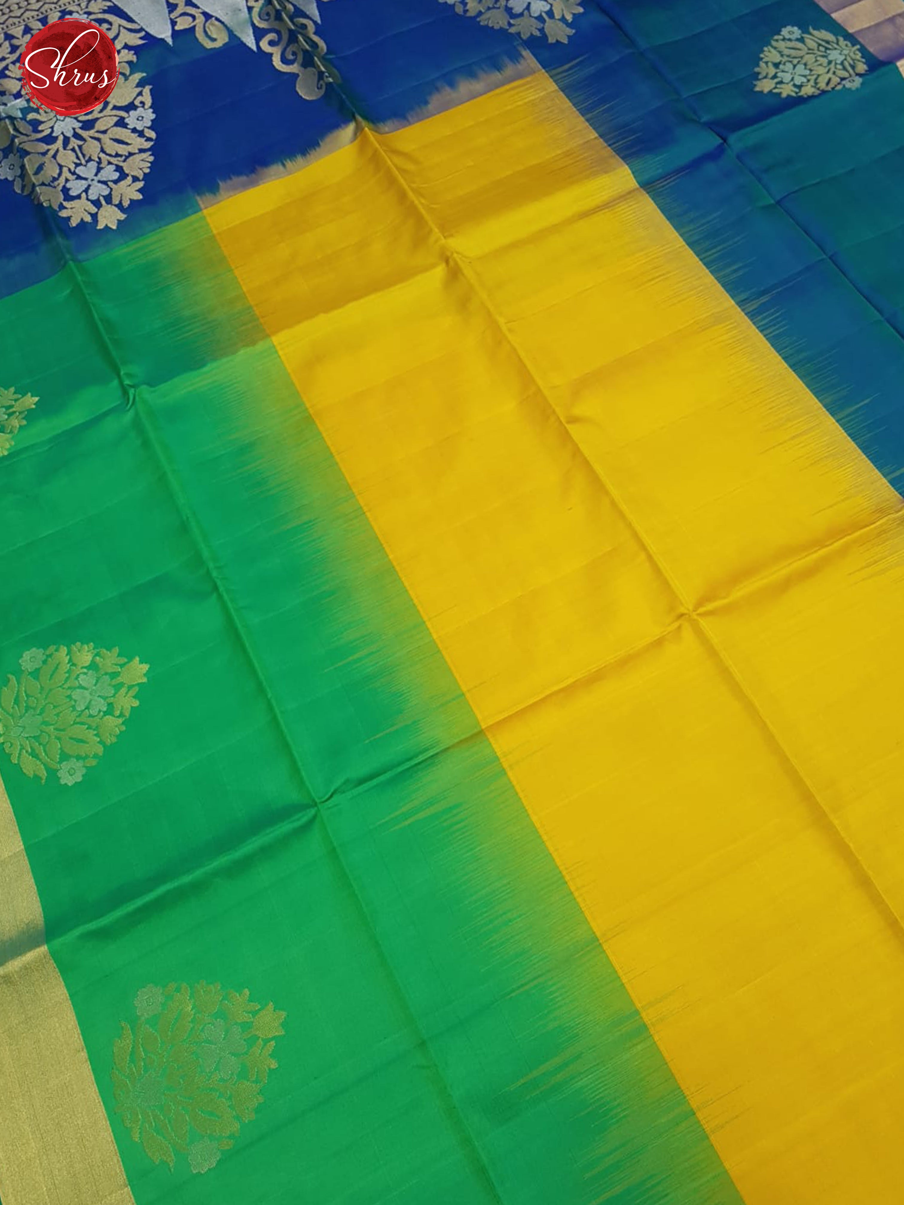 Mustard , Green And Blue- Soft silk saree - Shop on ShrusEternity.com