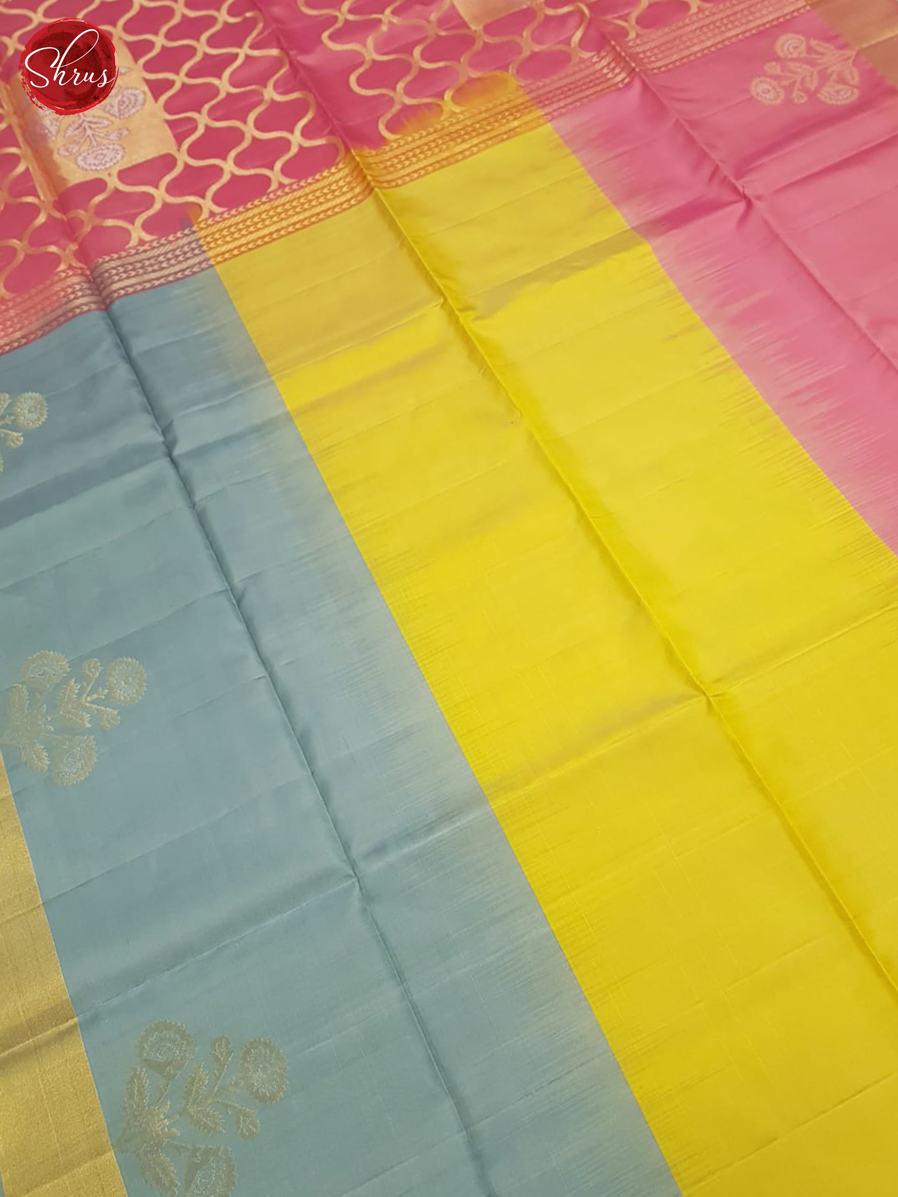 Yellow, Pink & Grey - Soft Silk Saree - Shop on ShrusEternity.com