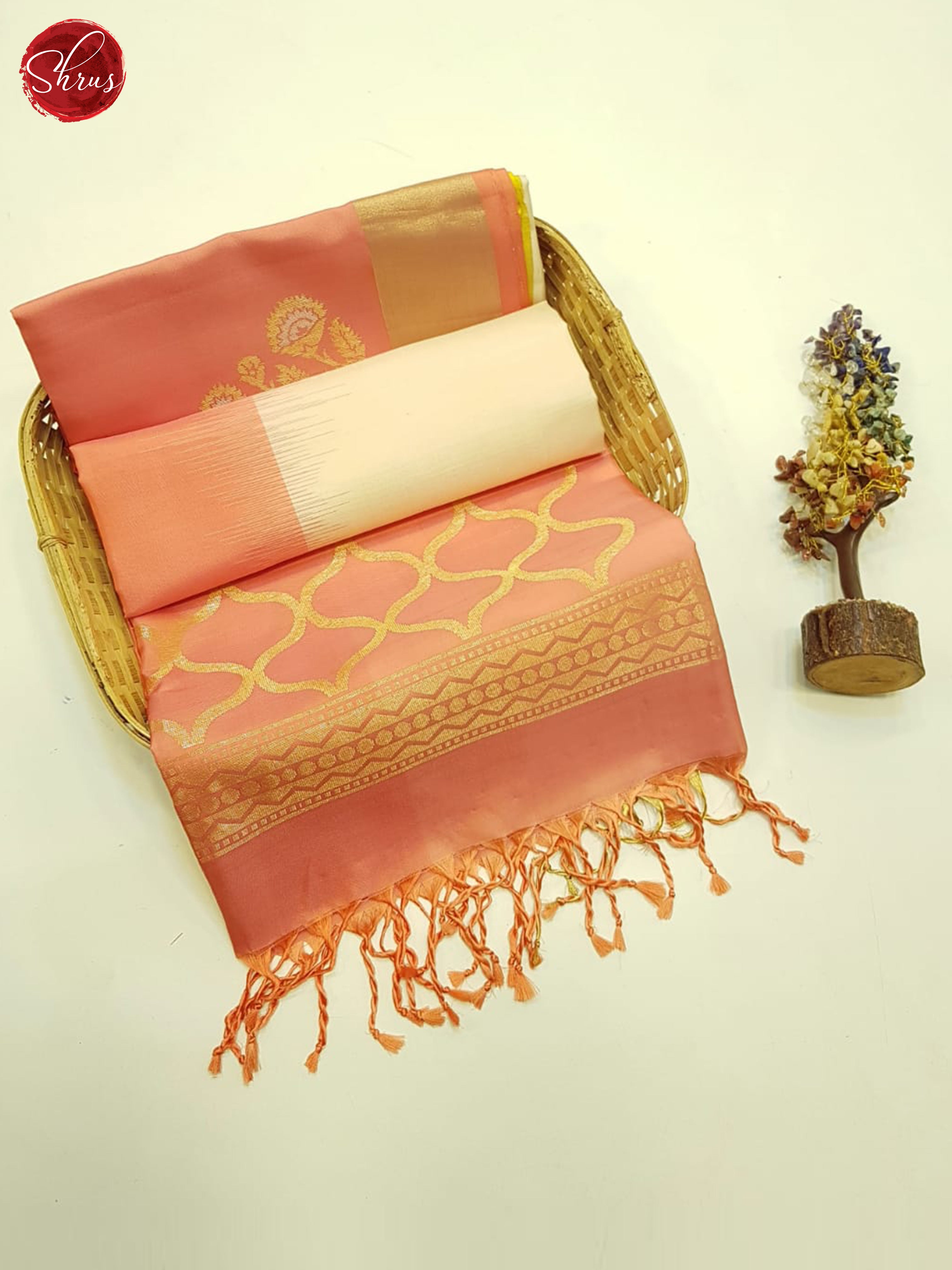 Cream , Green & Peach - Soft Silk Saree - Shop on ShrusEternity.com