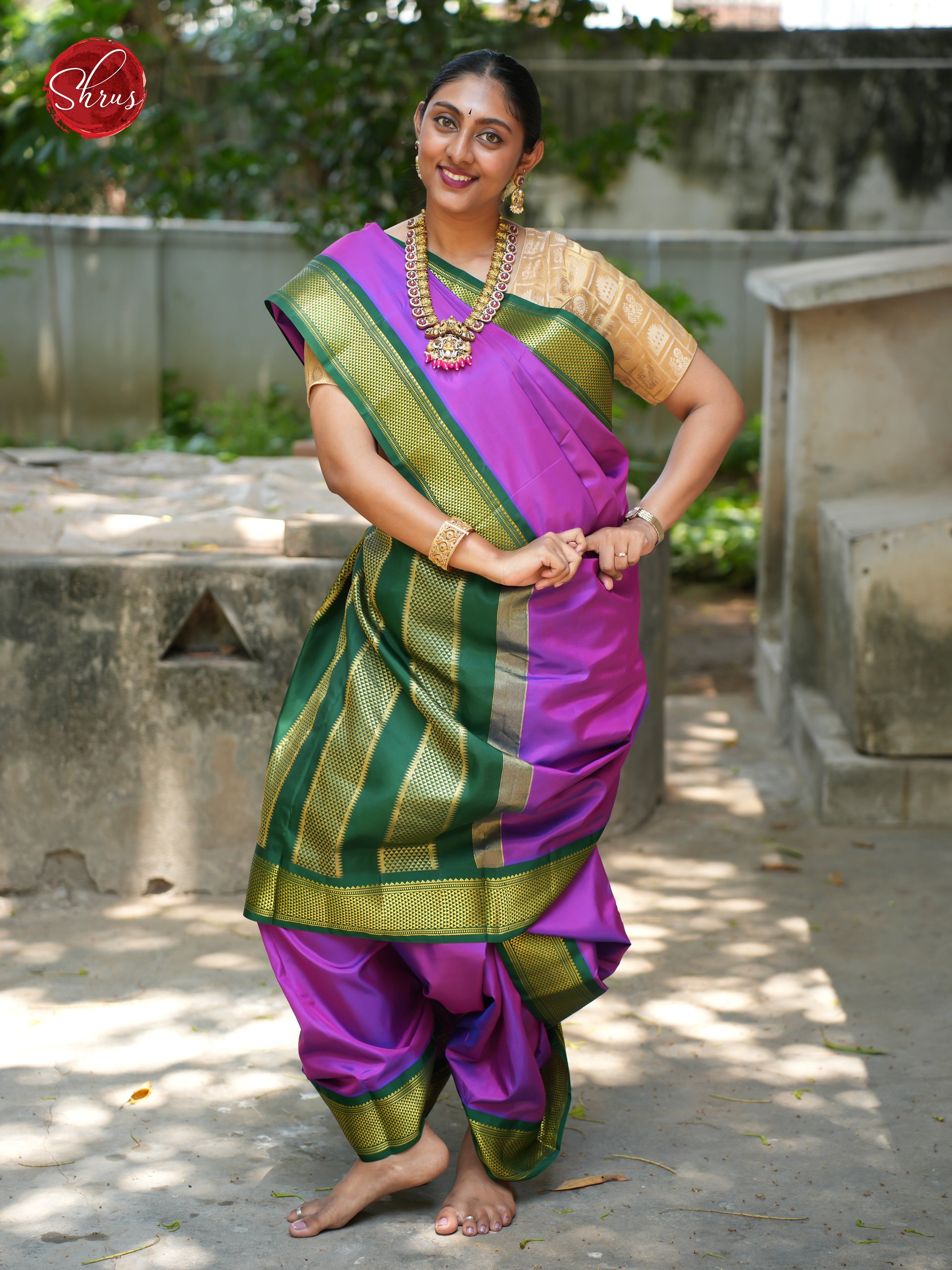 Purple And Green - Kanchipuram silk 9Yards  Saree