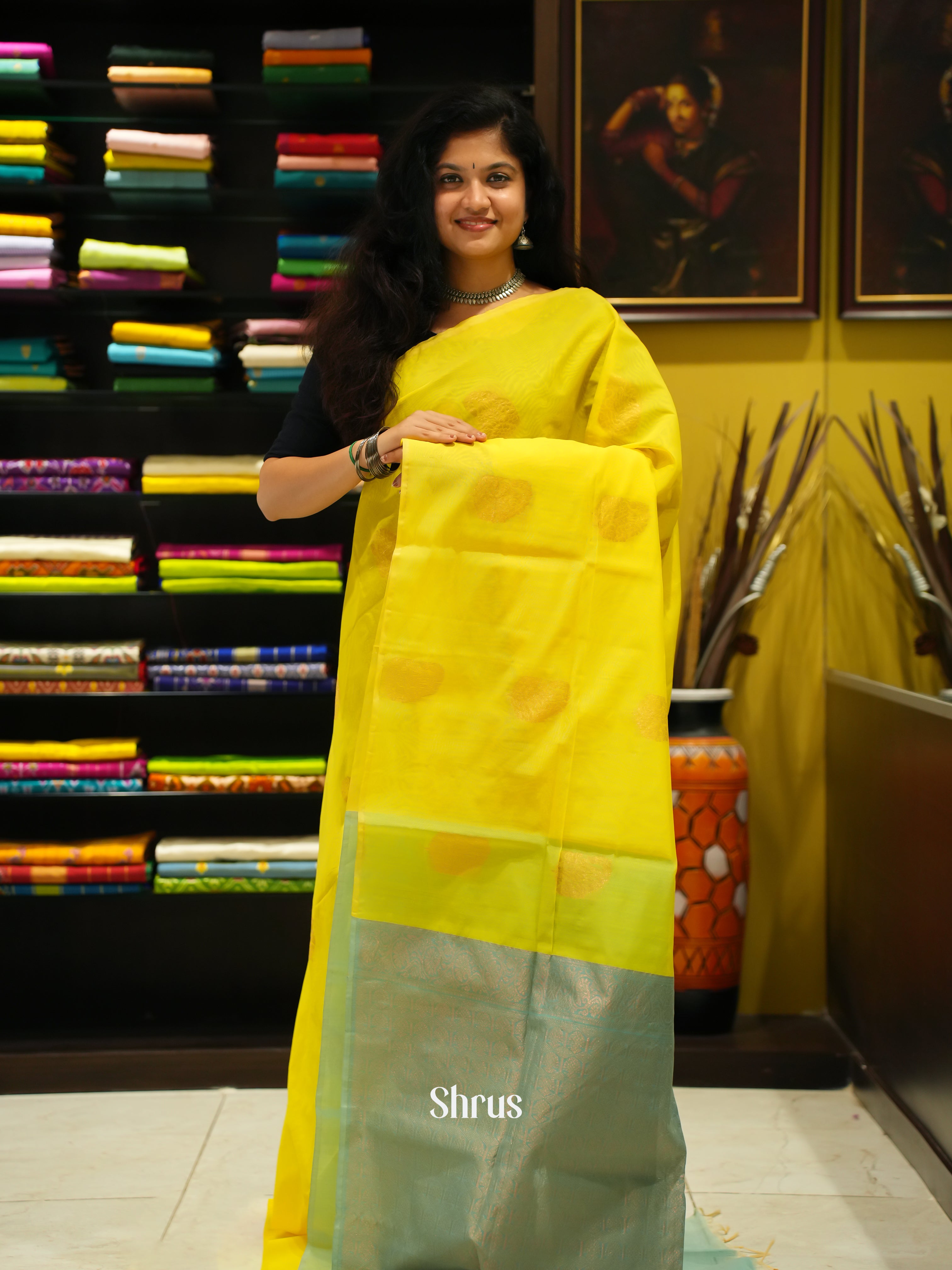 Yellow And Green- Semi Silk Cotton Saree