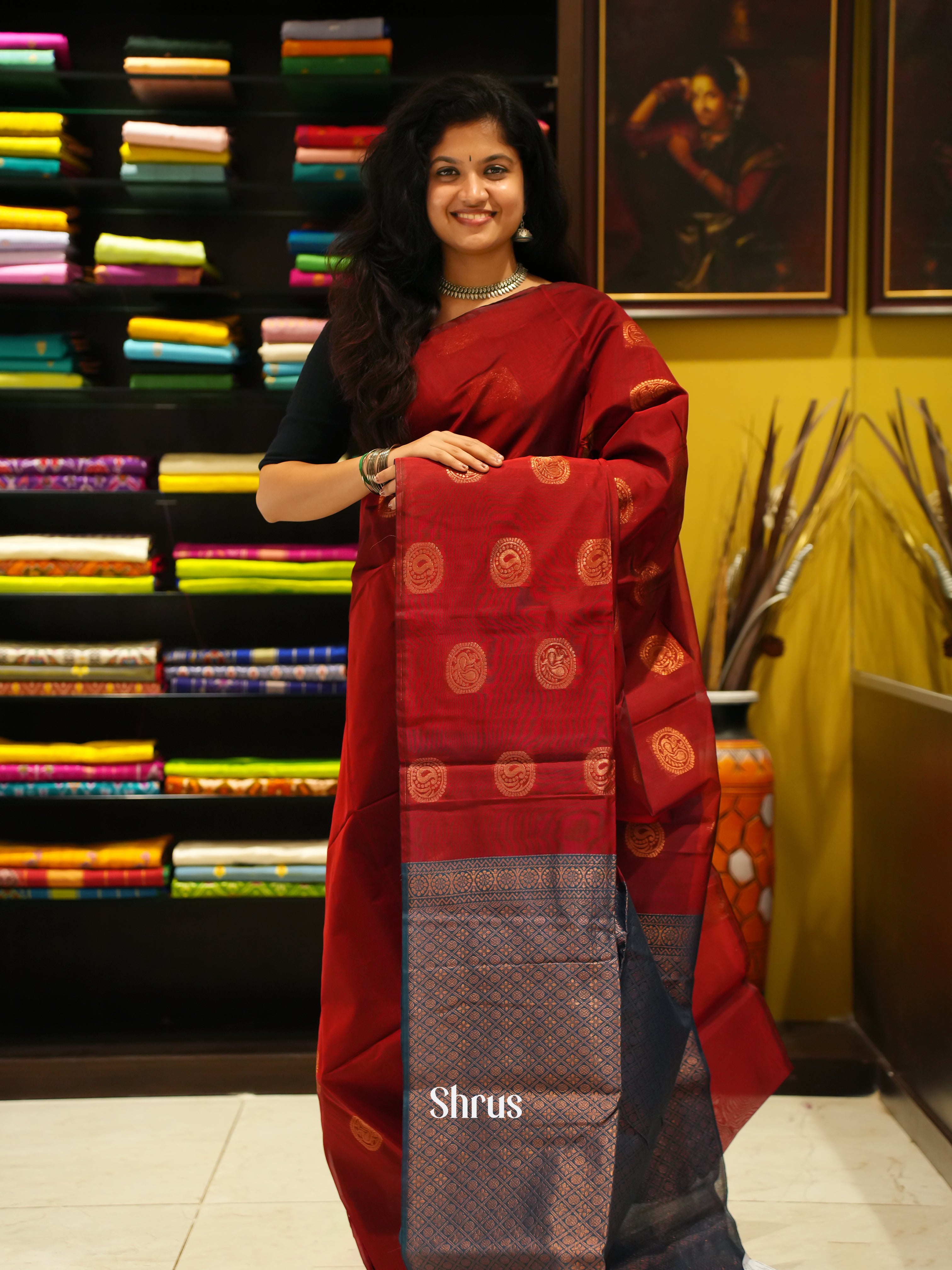 Araku Maroon And Blue- Semi Silk Cotton Saree