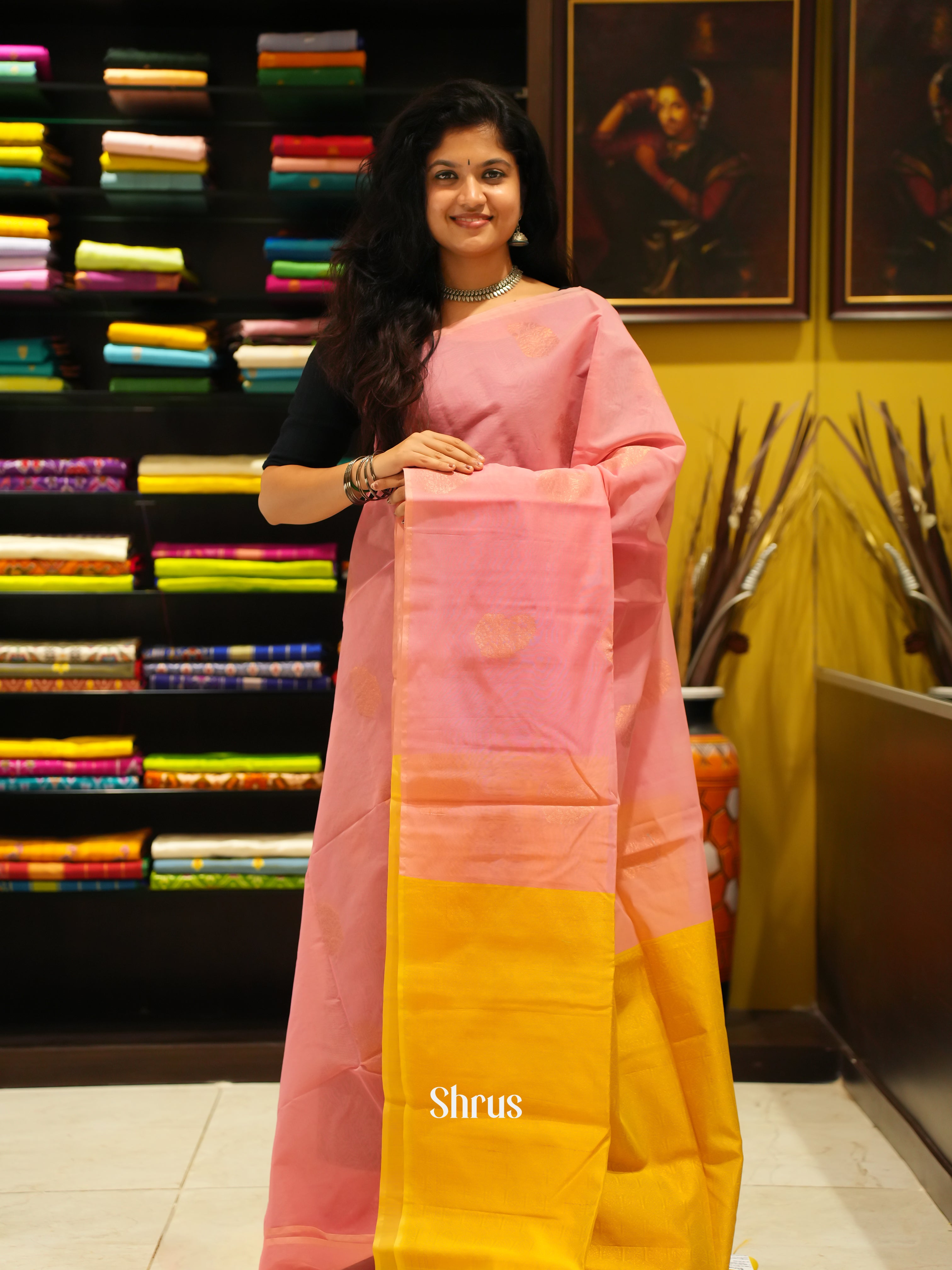 Pink And Yellow- Semi Silk Cotton Saree