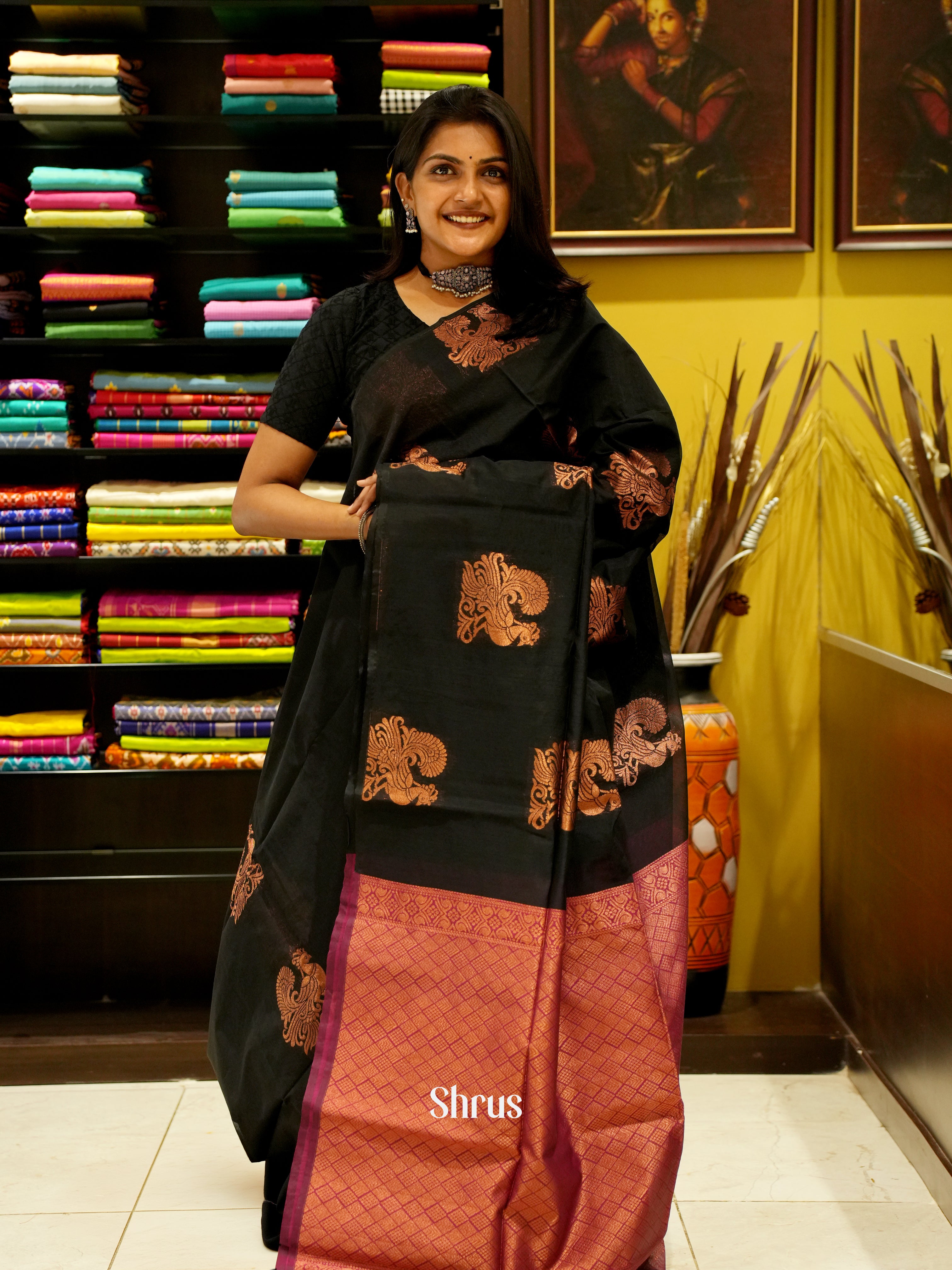 Black And Majenta Pink- Semi Silk Cotton Saree