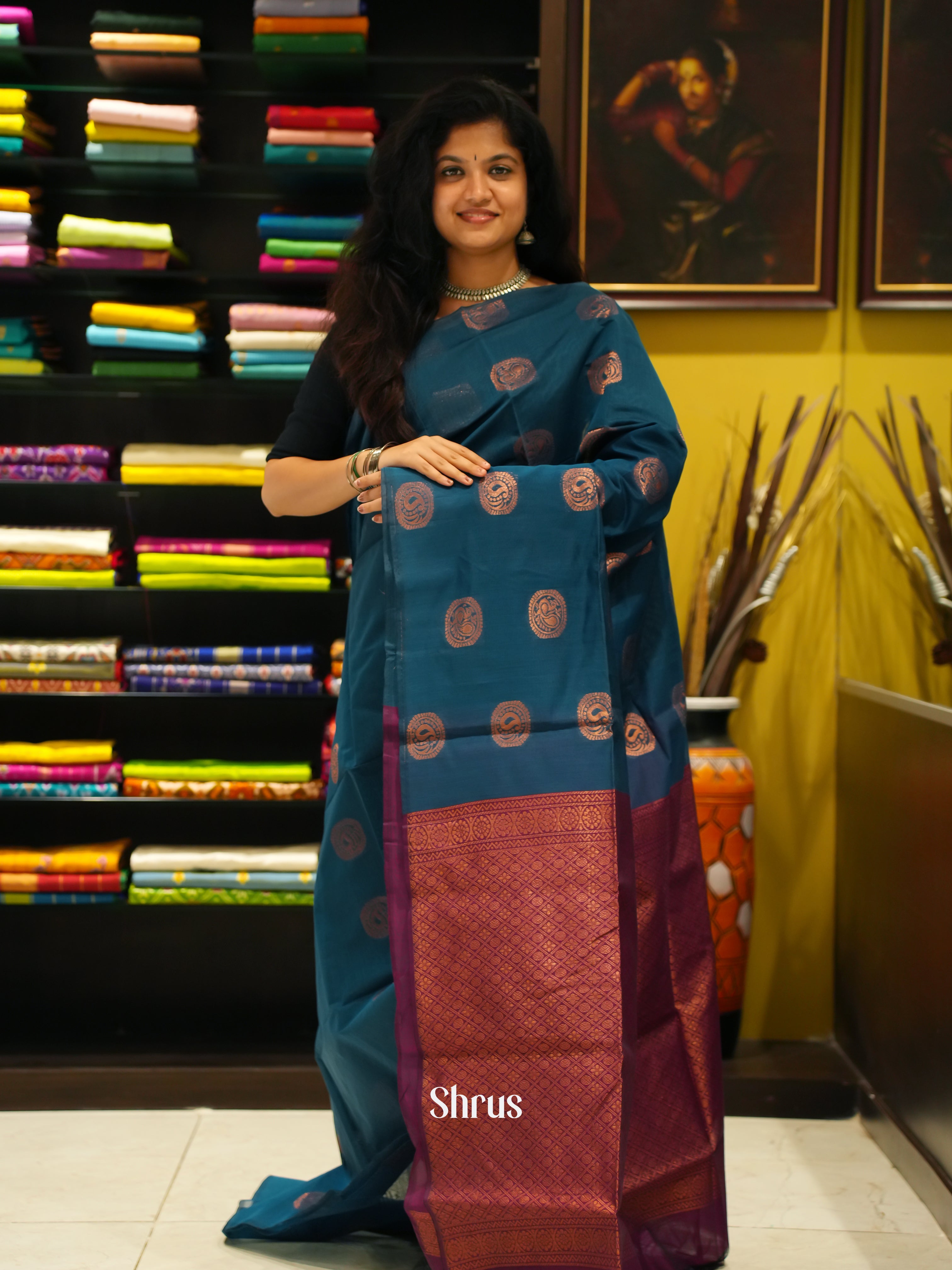 Blue And Majenta Pink- Semi Silk Cotton Saree