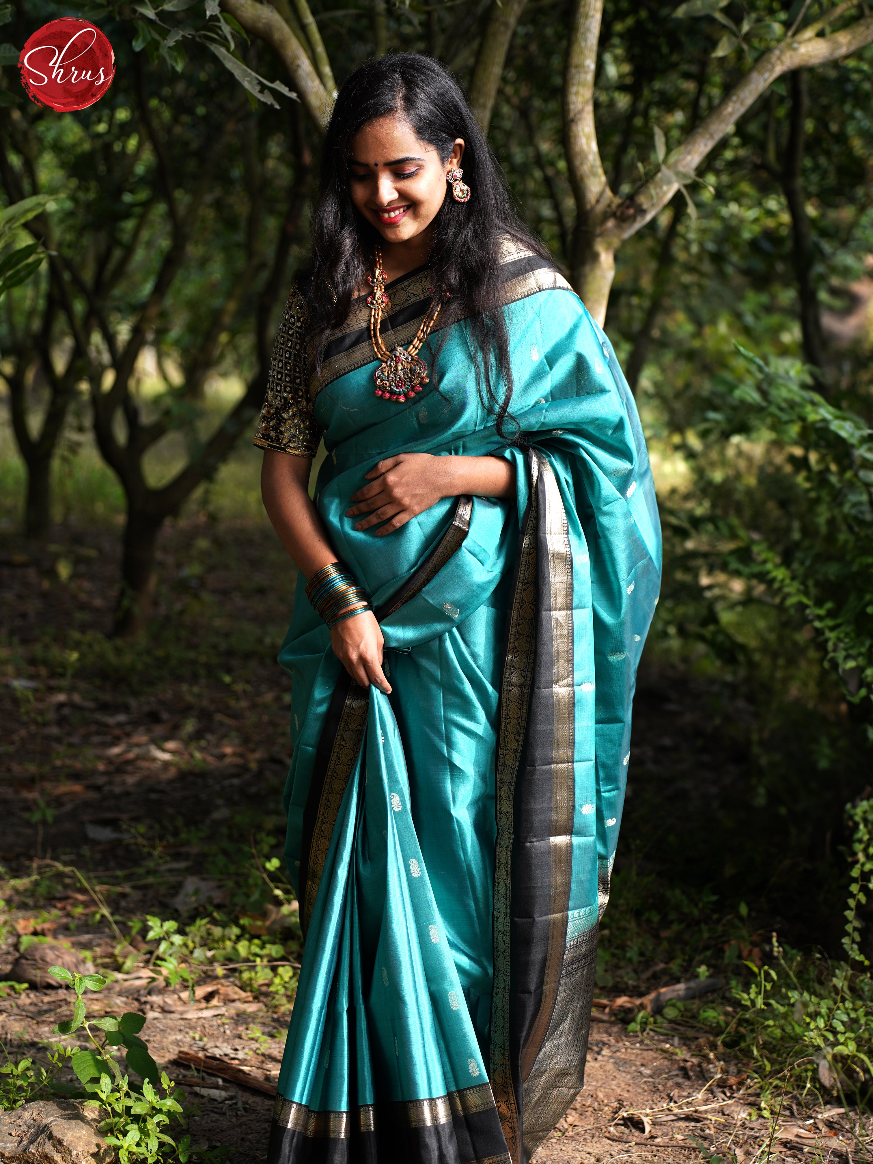 German Blue And Black- Soft Silk Saree - Shop on ShrusEternity.com