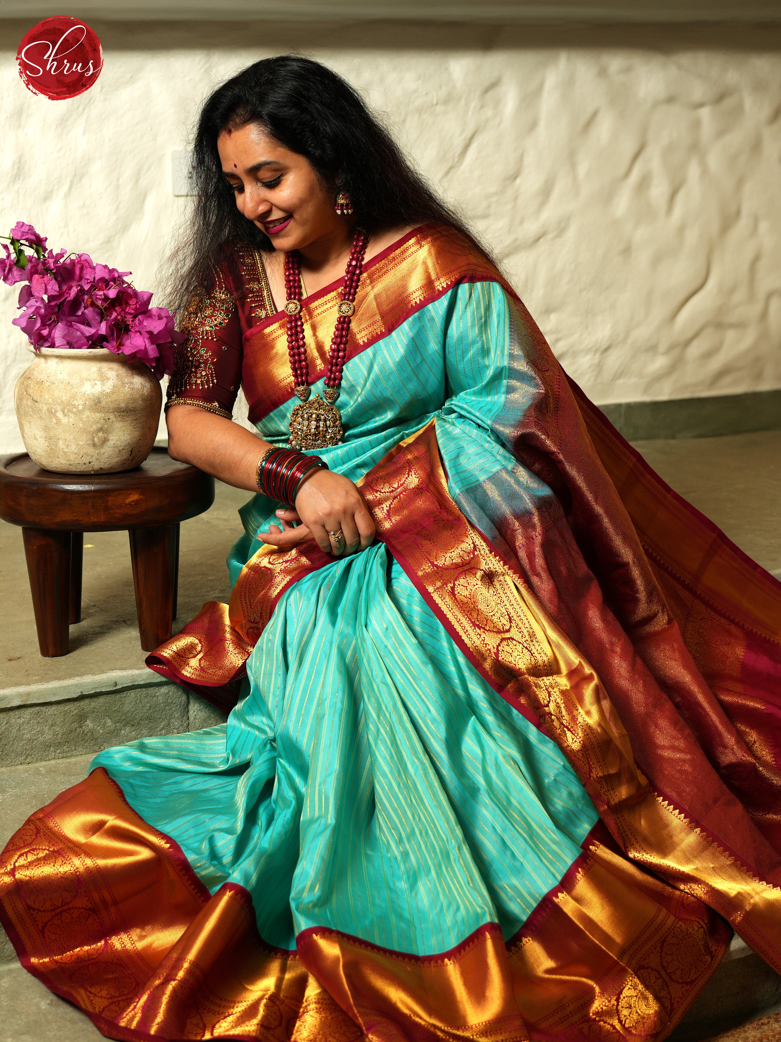 Blue And Arraku Maroon- Kanchipuram Silk Saree - Shop on ShrusEternity.com