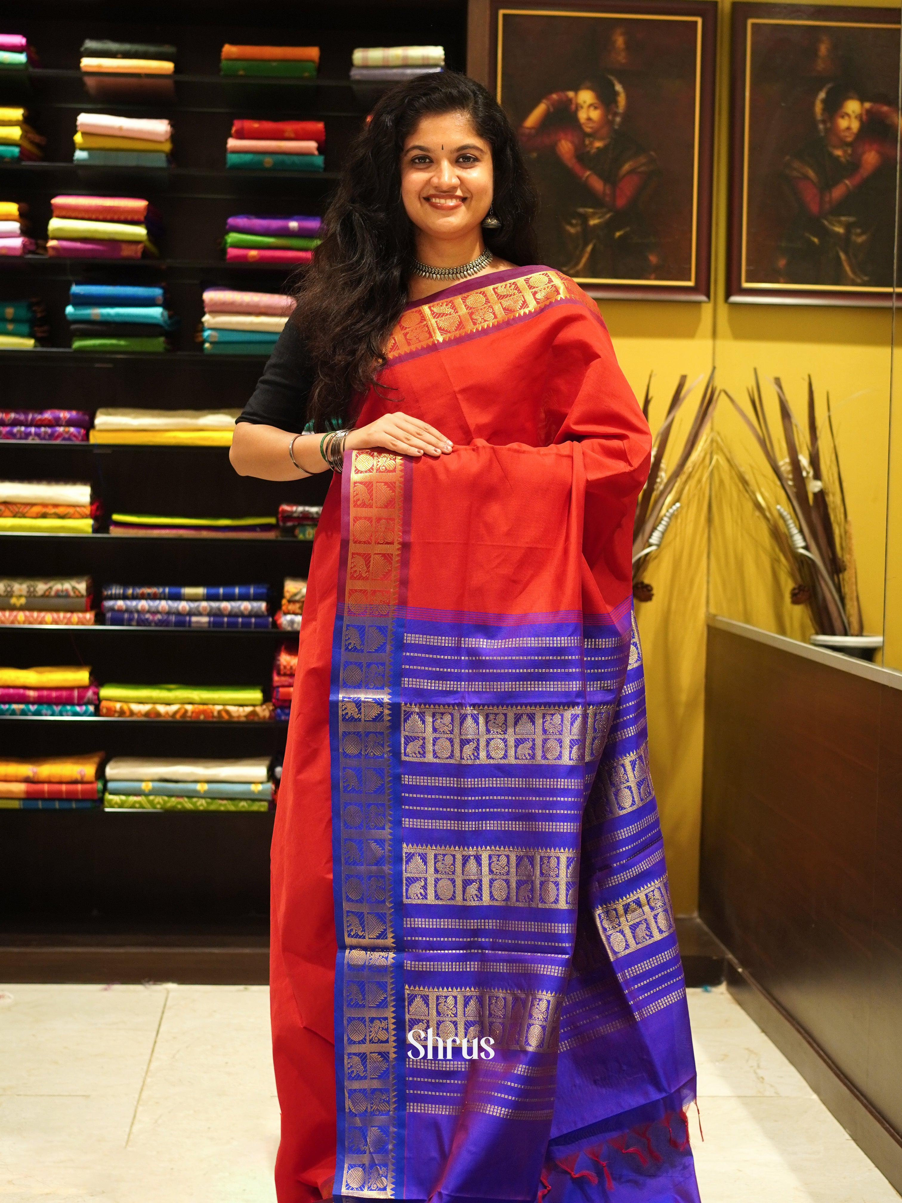 Red And Purple-Silk Cotton half-pure saree