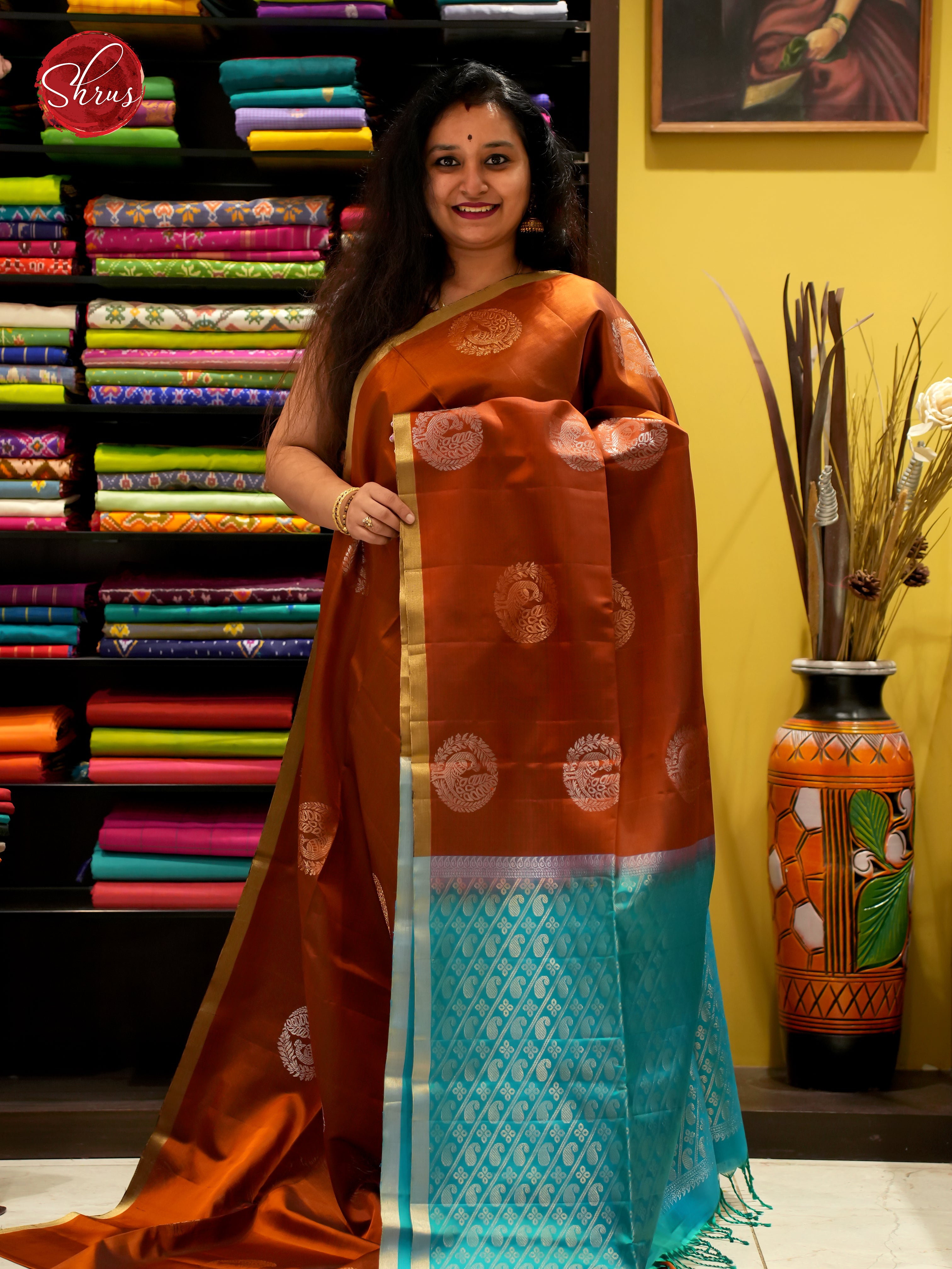 Brown And Blue-Soft Silk Saree - Shop on ShrusEternity.com