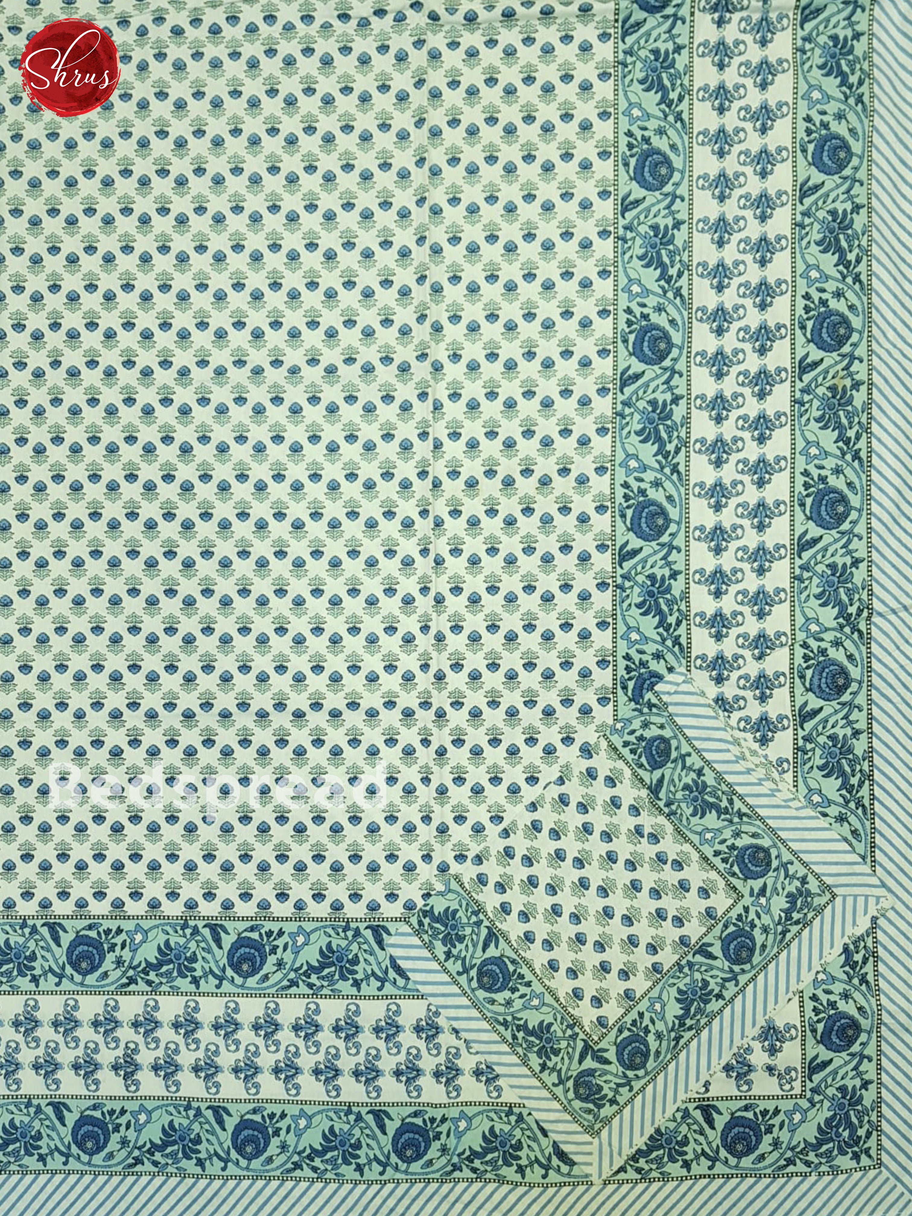 Cream And Blue- Jaipuri Block Printed Bedsheet - Shop on ShrusEternity.com