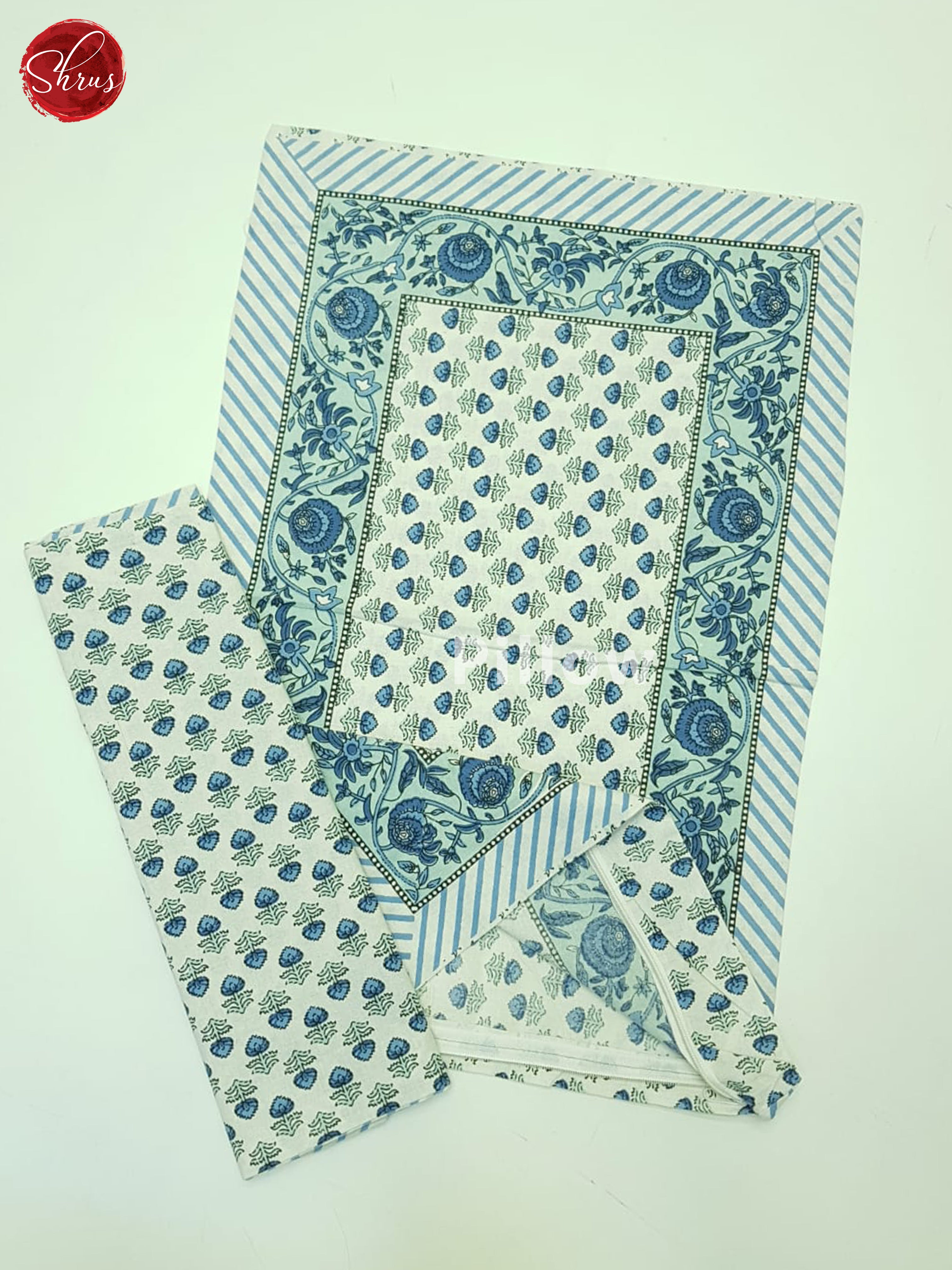 Cream And Blue- Jaipuri Block Printed Bedsheet - Shop on ShrusEternity.com