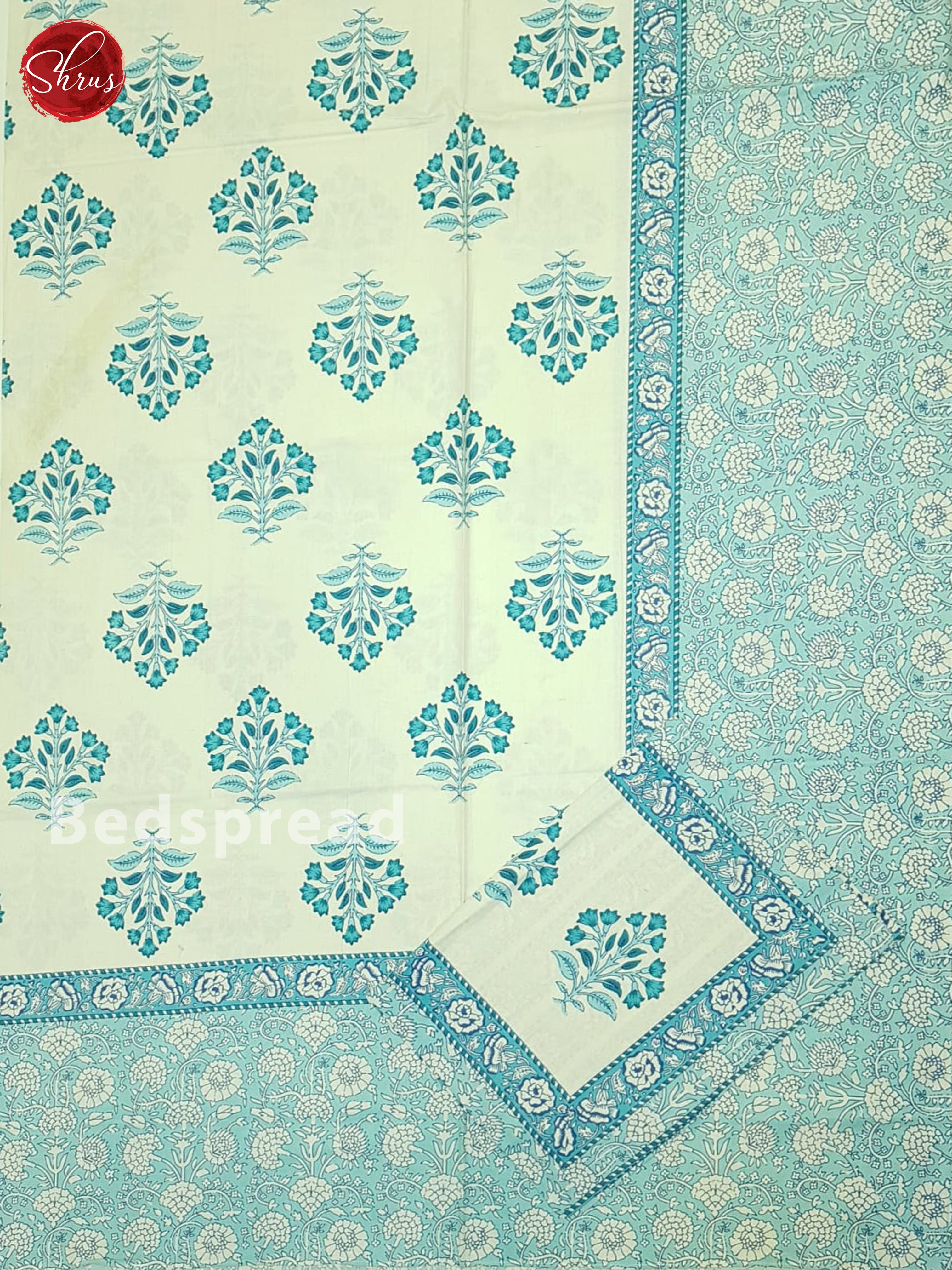 Cream And Blue- Jaipur Block Printed Cotton double Bed Spread - Shop on ShrusEternity.com