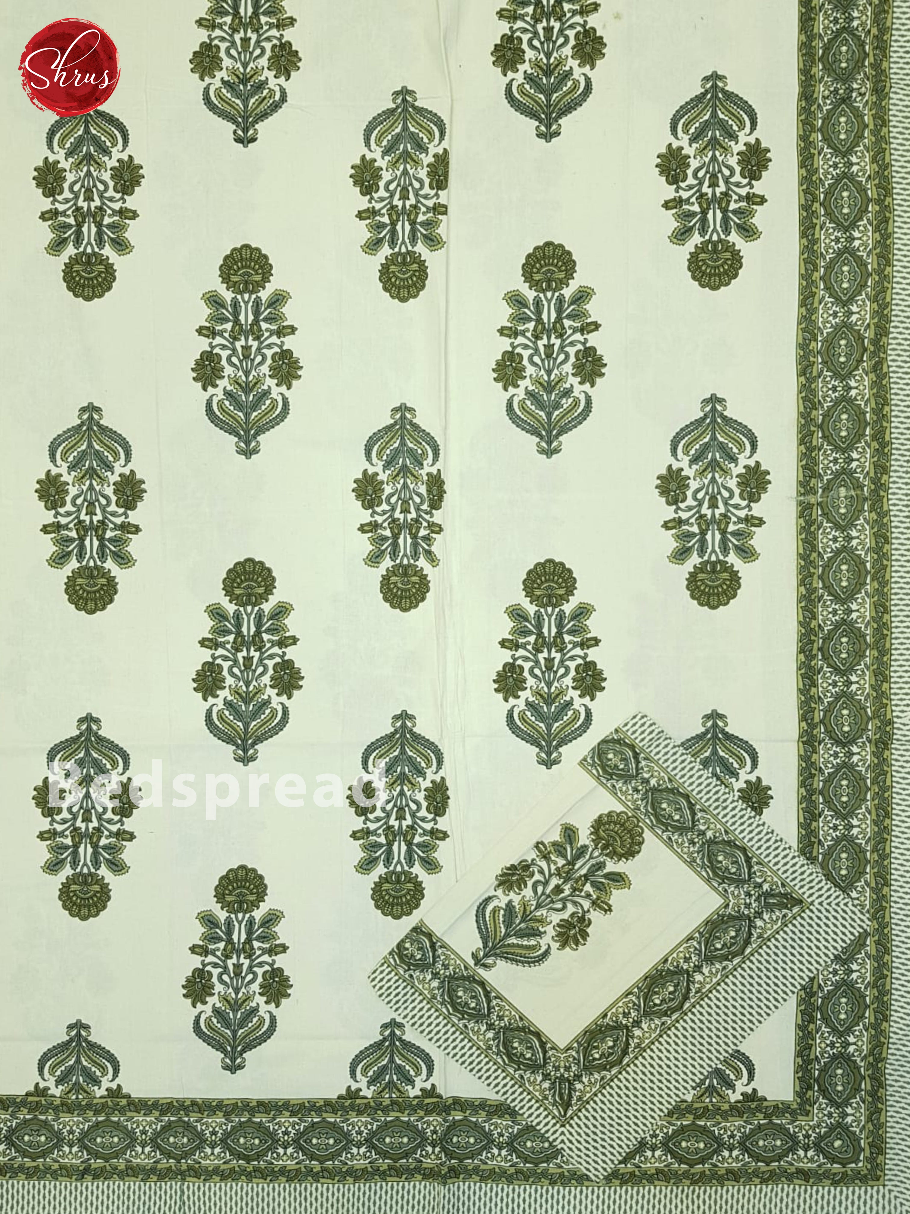 Cream And Green- Jaipuri Block Printed Bed Spread - Shop on ShrusEternity.com