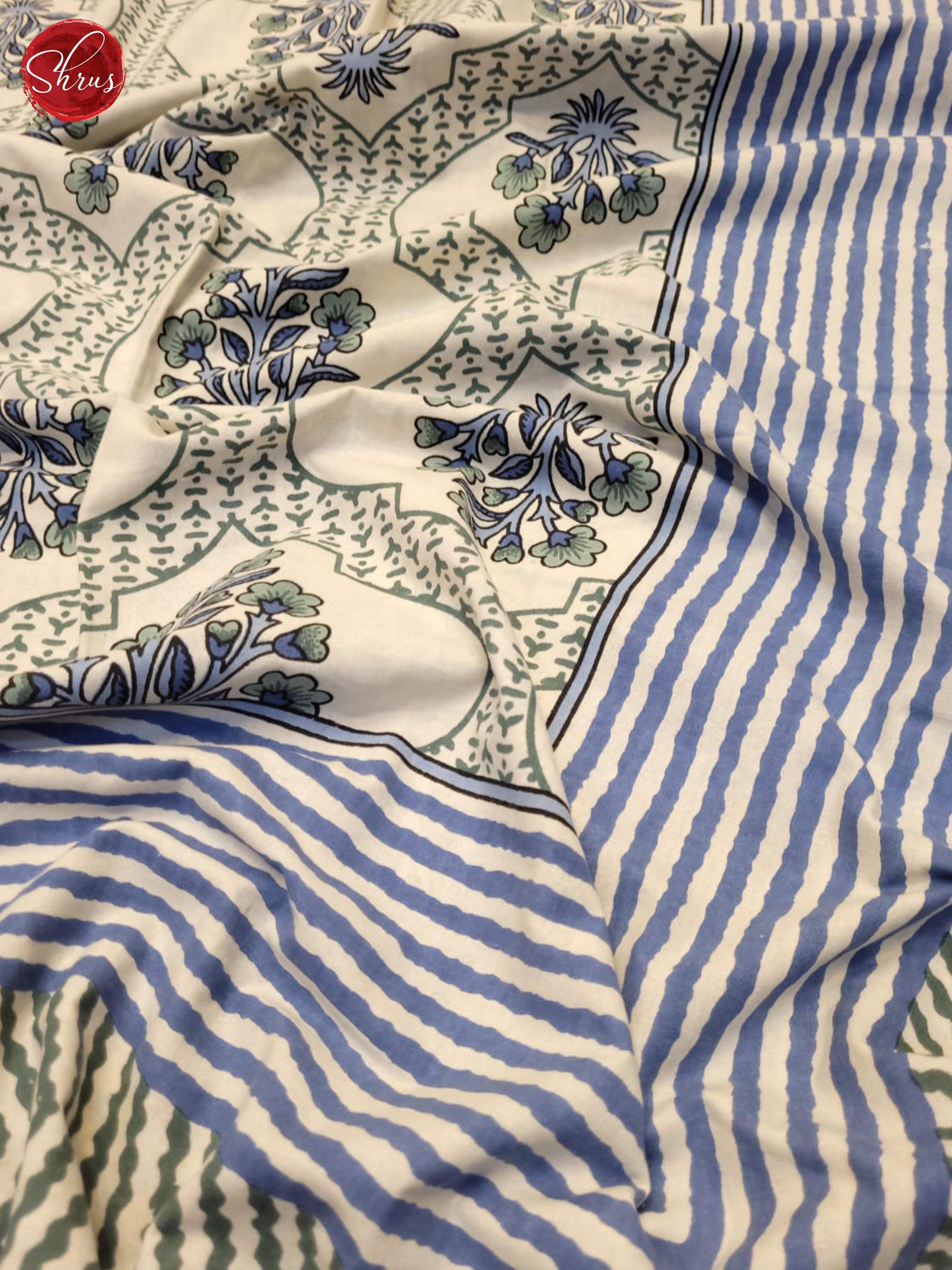 Cream & Blue  - Jaipur Block Printed Cotton Double bed spread - Shop on ShrusEternity.com