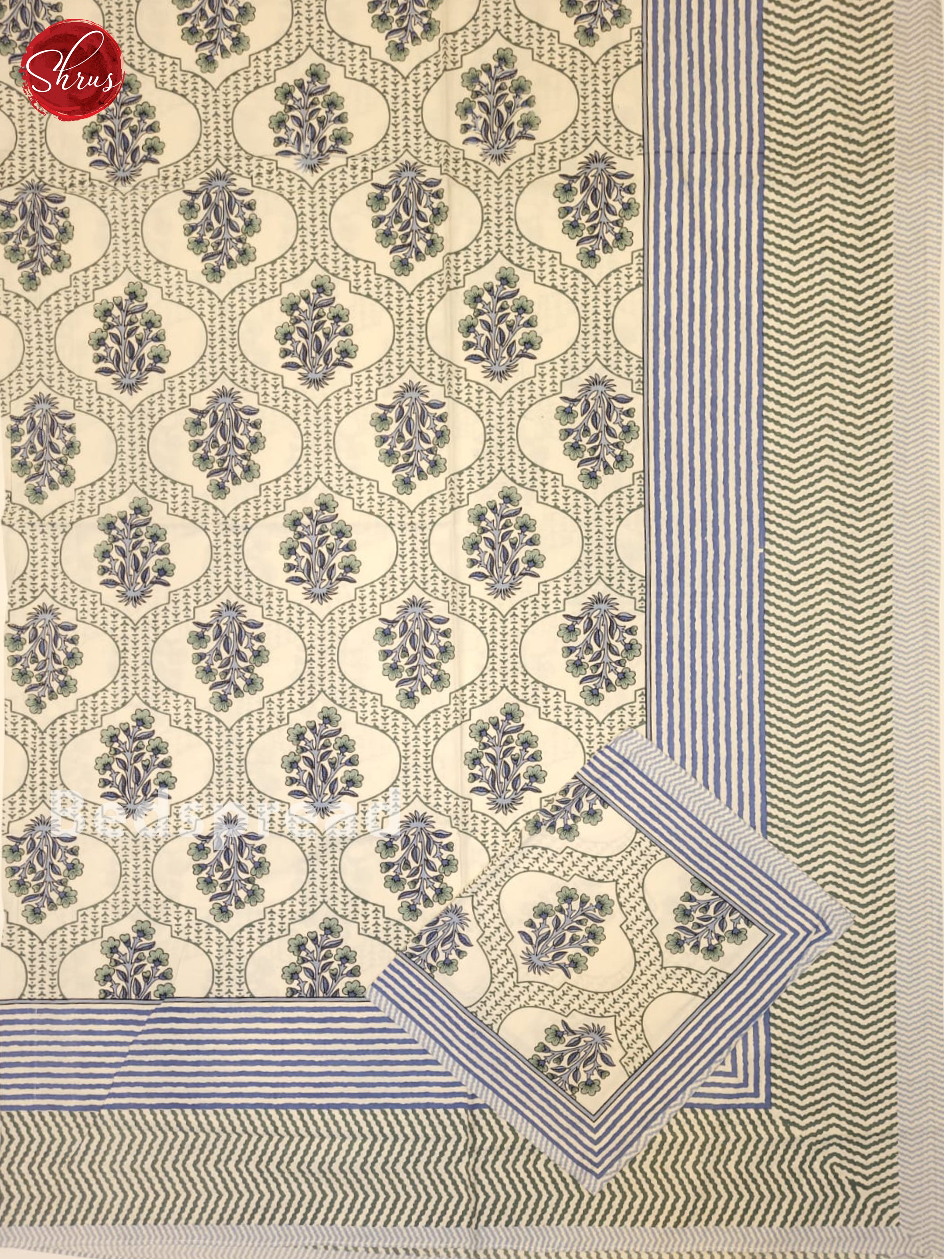 Cream & Blue  - Jaipur Block Printed Cotton Double bed spread - Shop on ShrusEternity.com