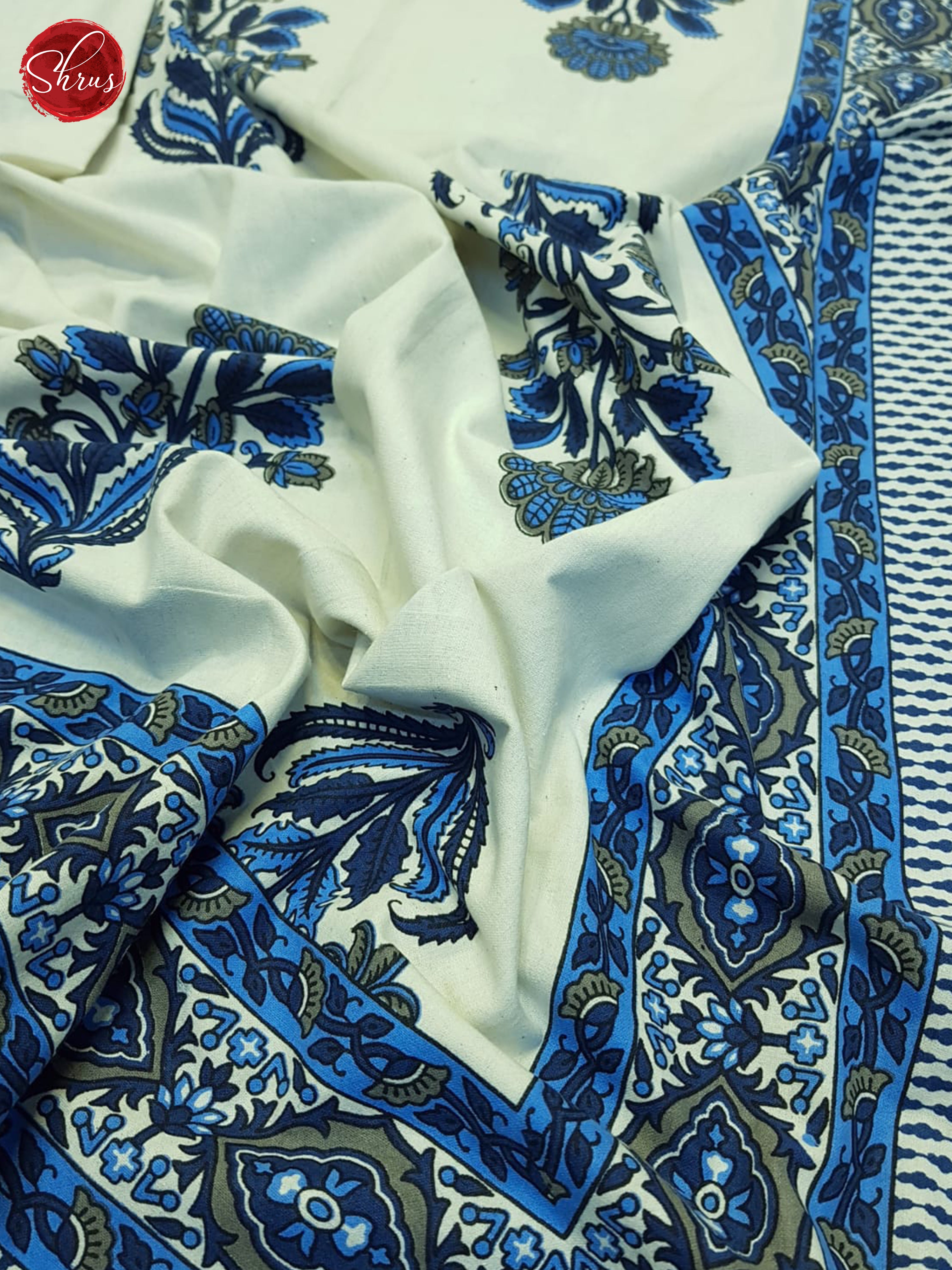 Cream And Blue- Jaipuri Block printed Bed Spread - Shop on ShrusEternity.com